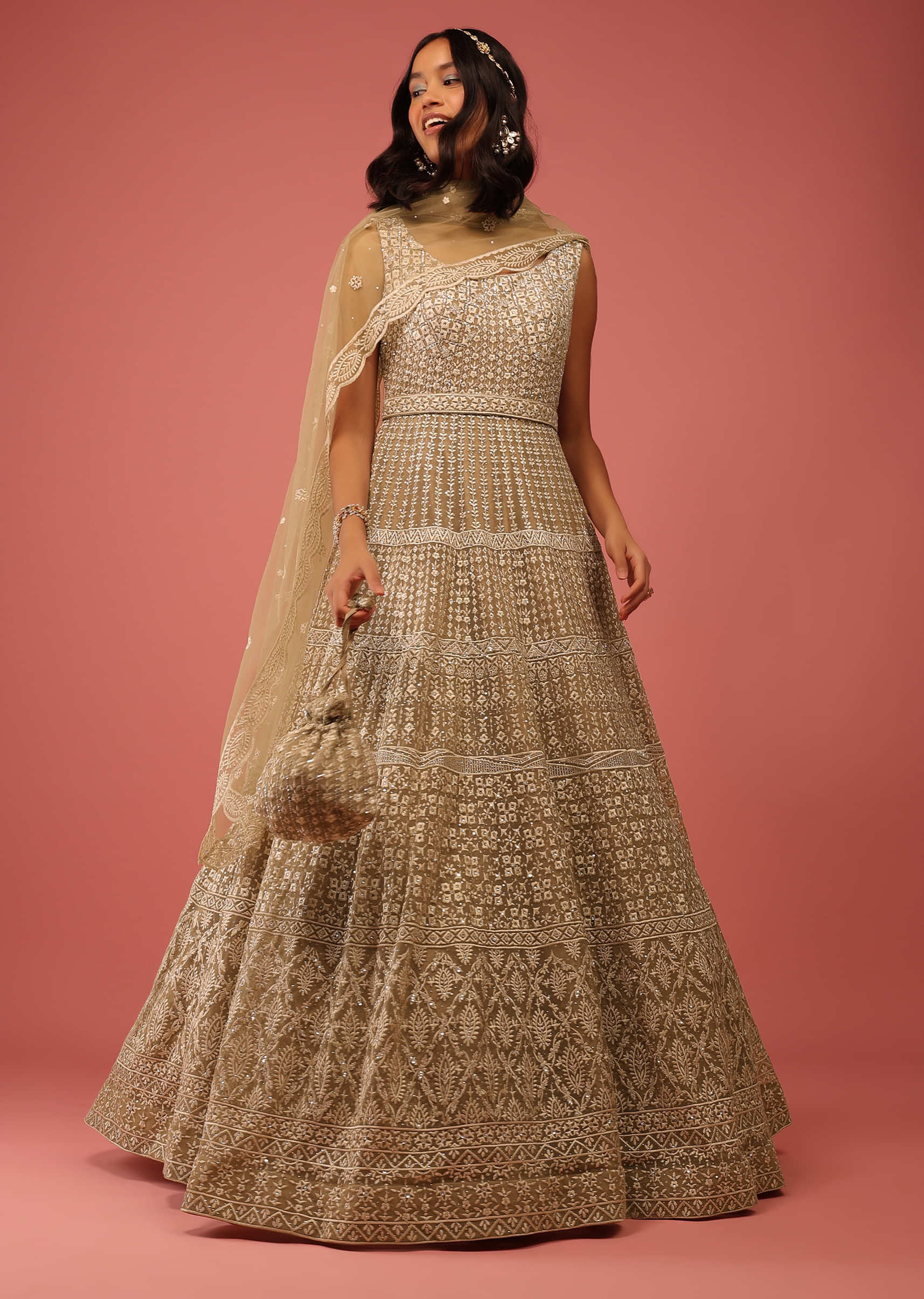 Hazel Beige Anarkali Suit In Net With Resham Embroidery All Over Along With Mirror Accents