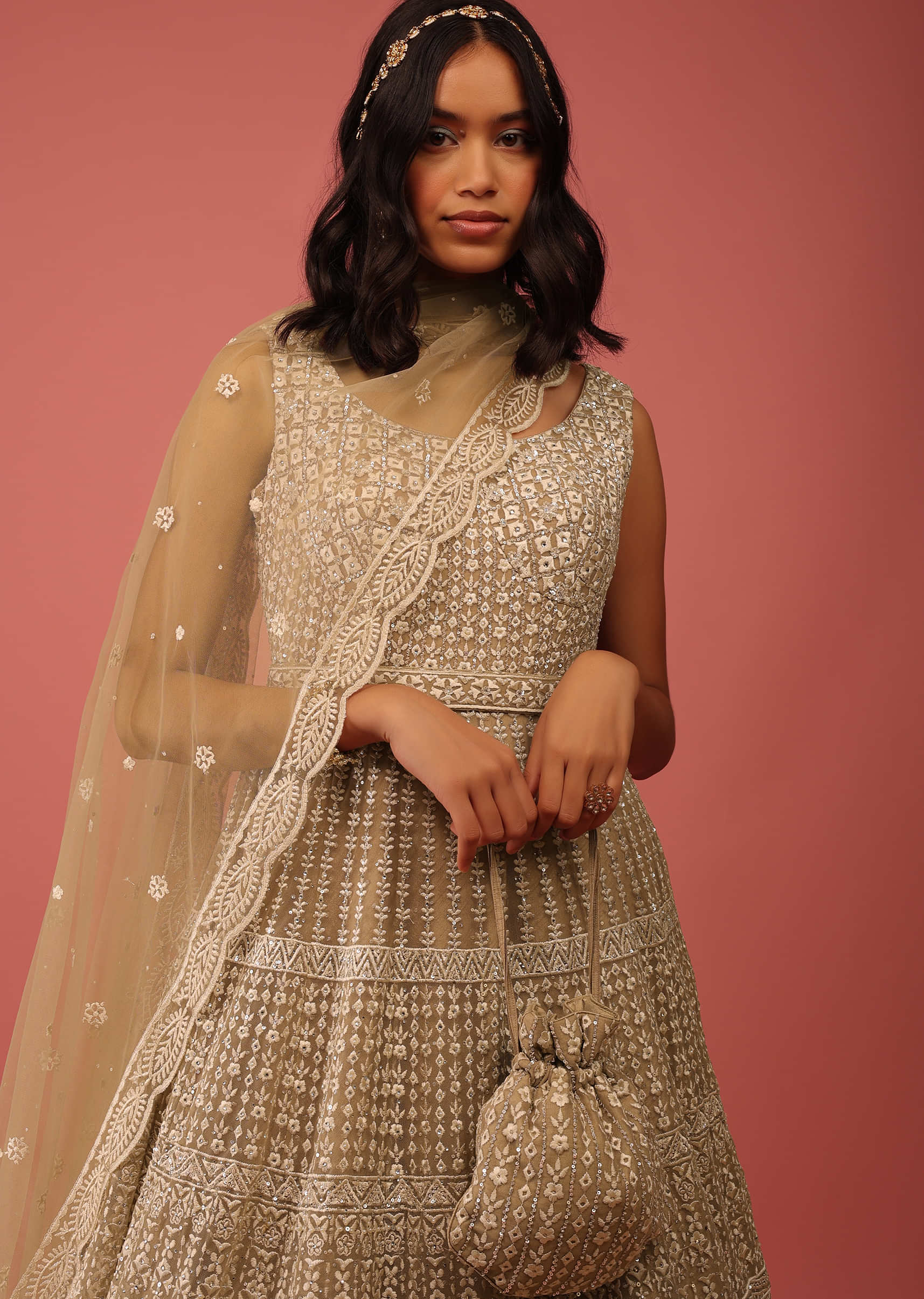 Beige Anarkali Suit In Net With Resham Embroidery And Mirror Accents