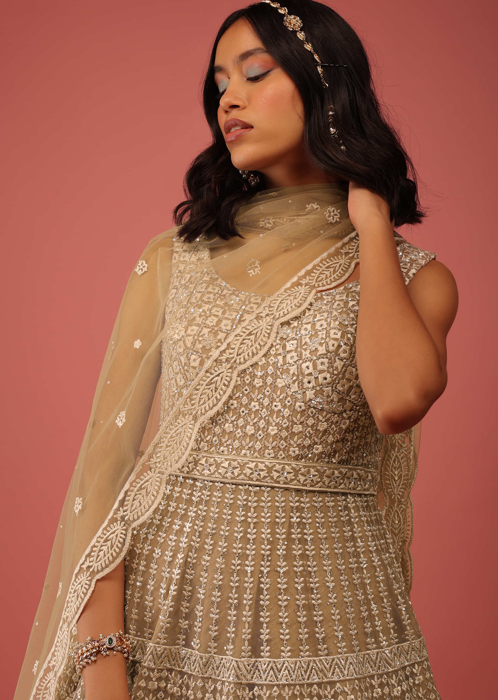 Beige Anarkali Suit In Net With Resham Embroidery And Mirror Accents