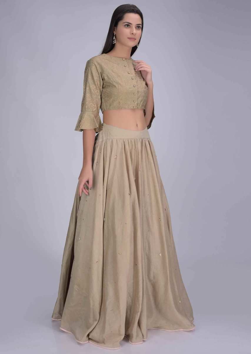 Hazelwood Beige Lehenga In Cotton With Cotton Silk Blouse Enhanced With Foil Print