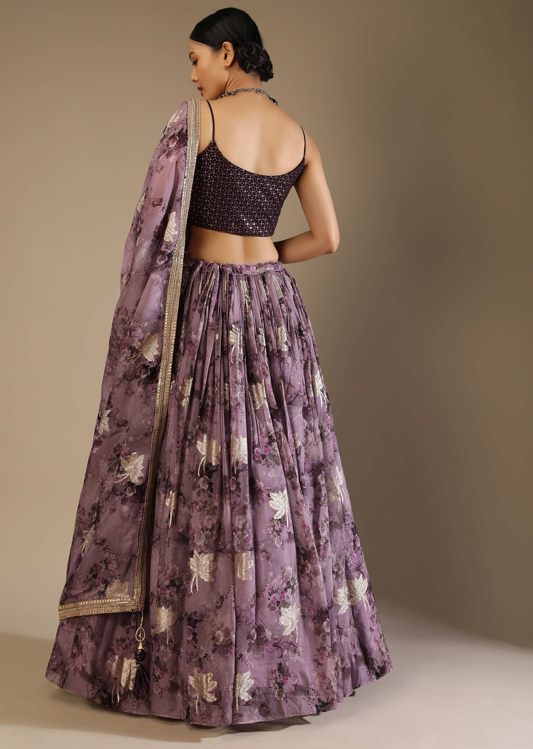 Heather Purple Skirt And Crop Top Set With Floral Print And Lurex Woven Flowers 