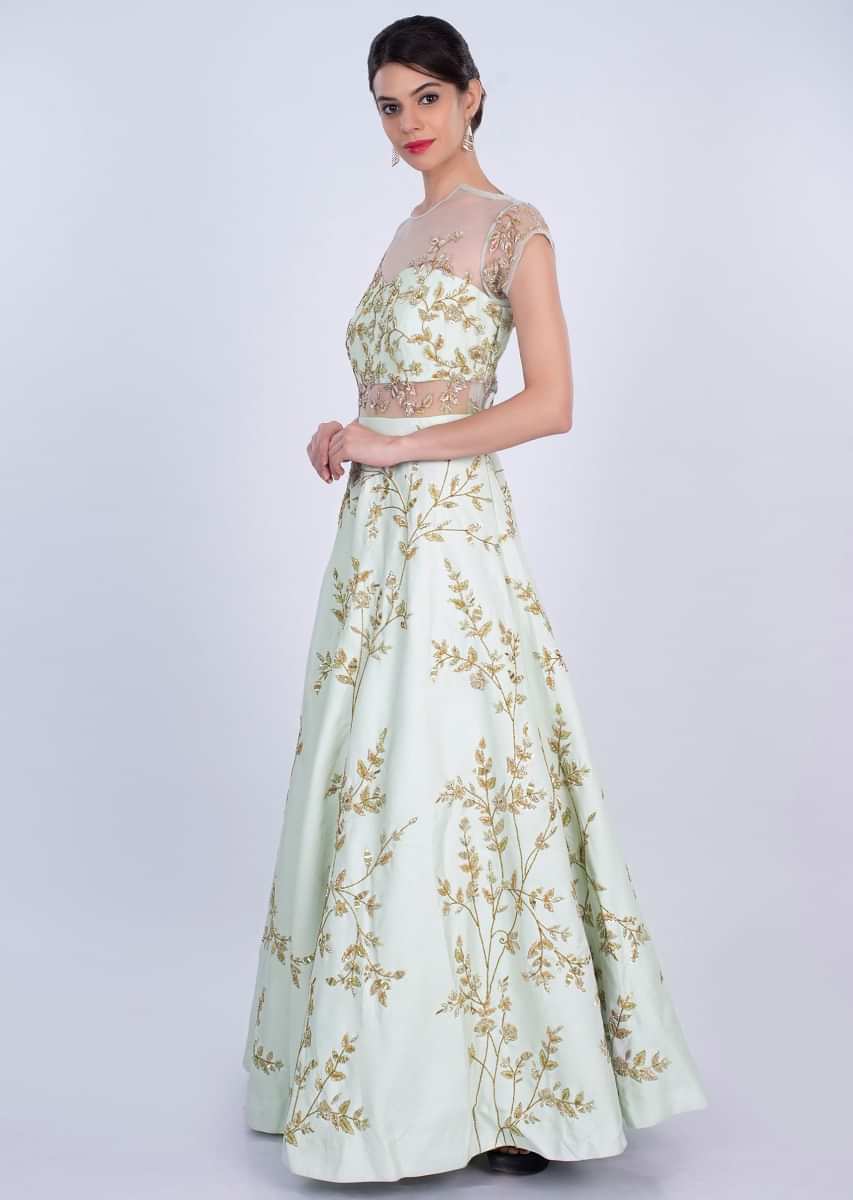 Heavy Mint Flared Gown In Dupion With Delicate Floral Jaal Embroidery Online - Kalki Fashion