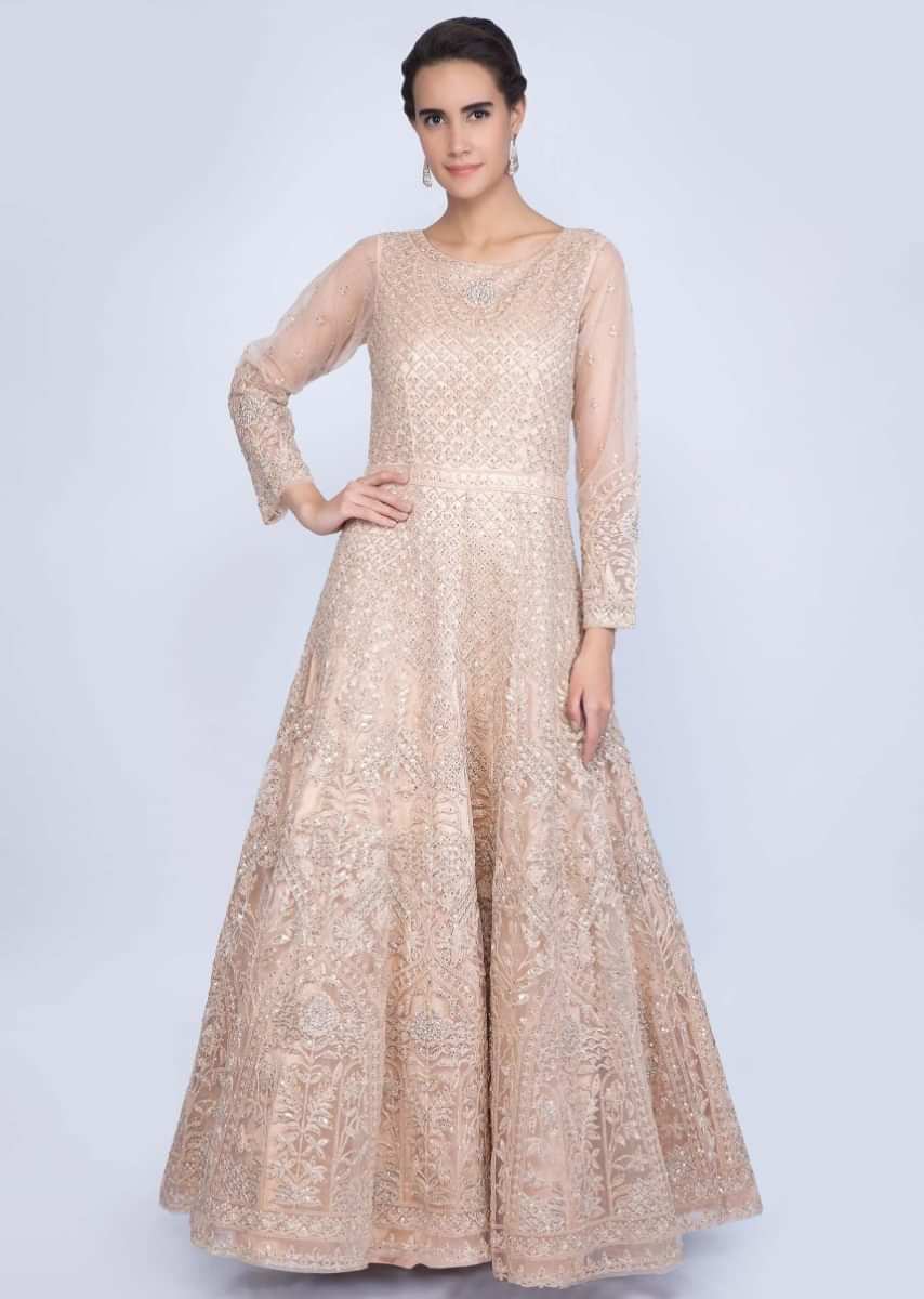 Heavy embroidered english peach anarkali with matching net dupatta only on Kalki