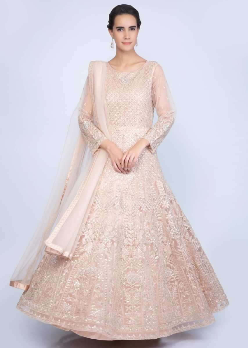 Heavy embroidered english peach anarkali with matching net dupatta only ...