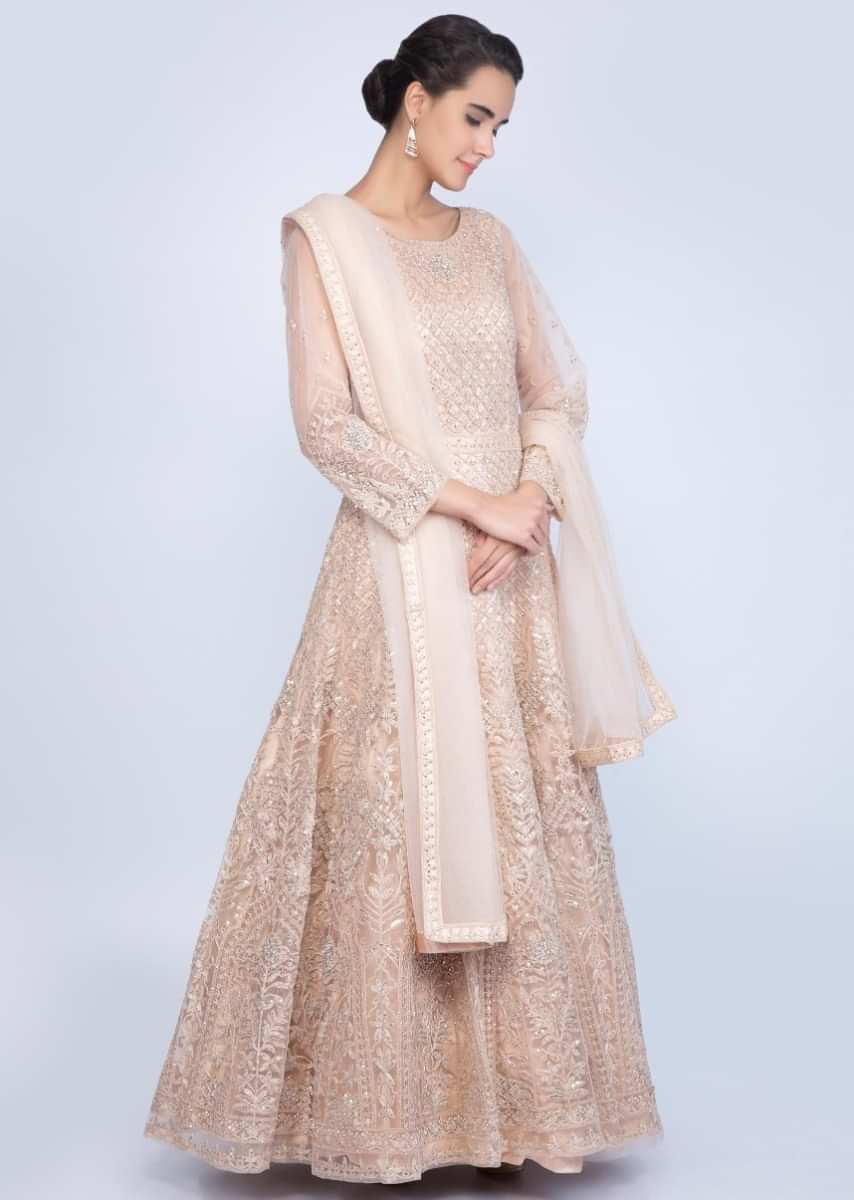 Heavy embroidered english peach anarkali with matching net dupatta only on Kalki
