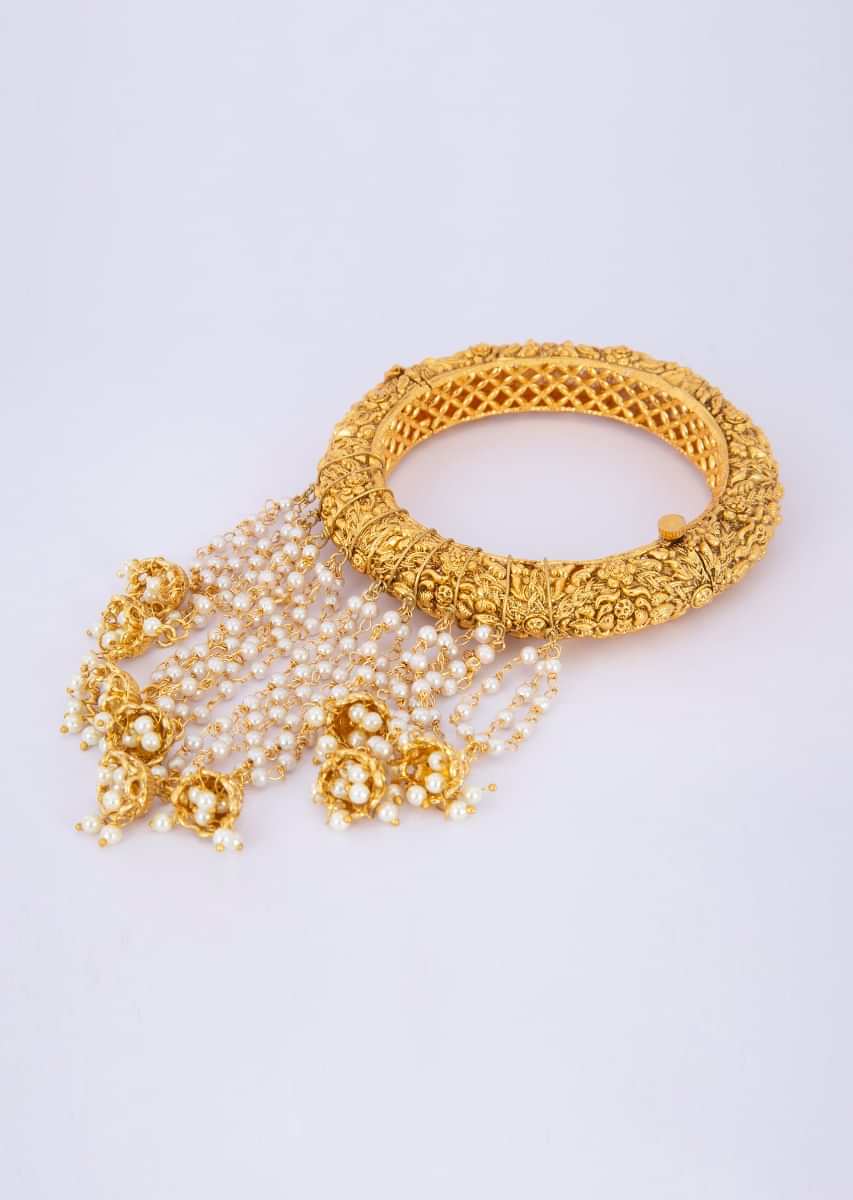 Heavy metal coated shiny golden kada with multi layer nano moti strings with jhumkas only on Kalki