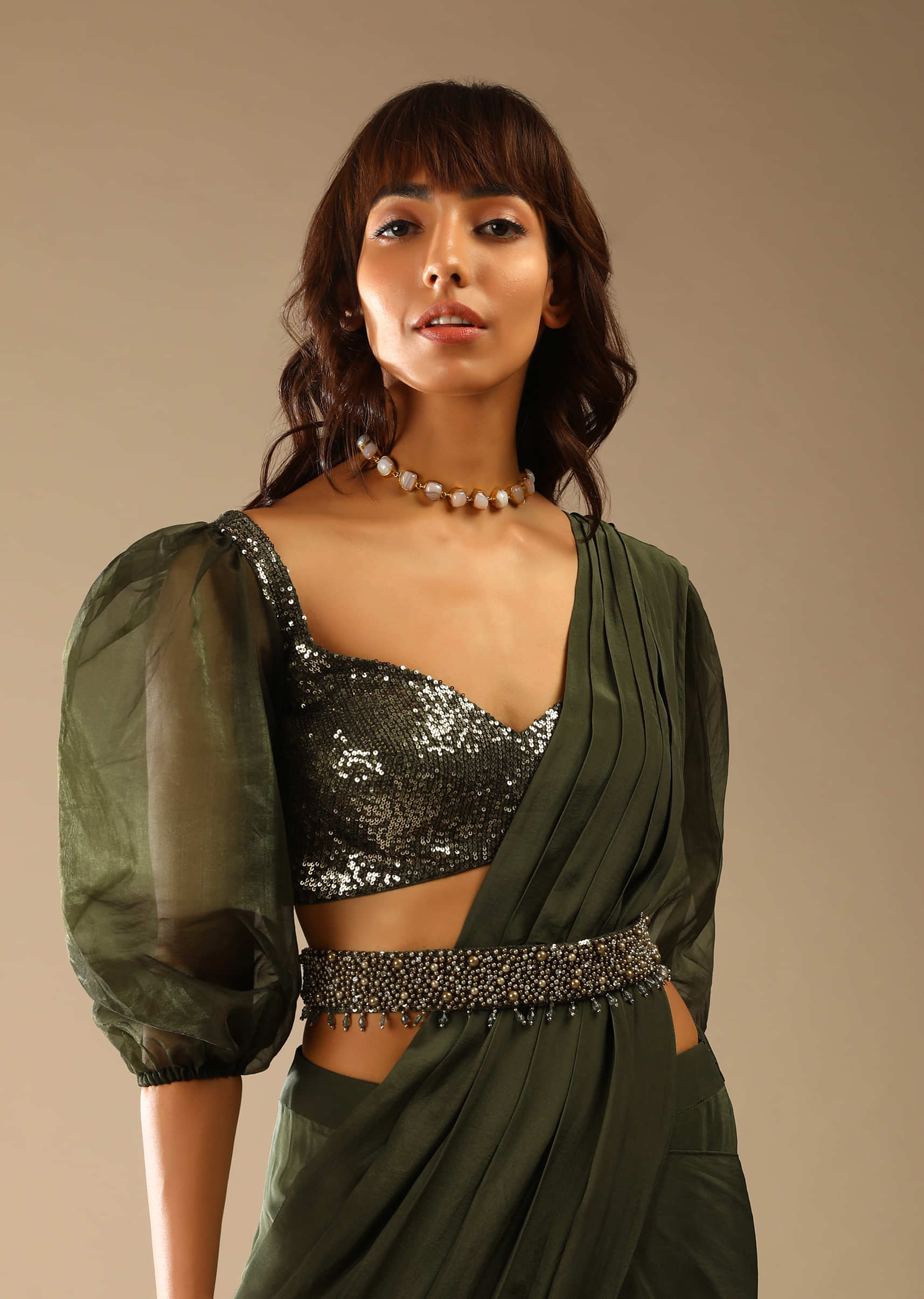 Buy Henna Green Ready Pleated Saree In Crepe With Moti Embroidered Belt ...