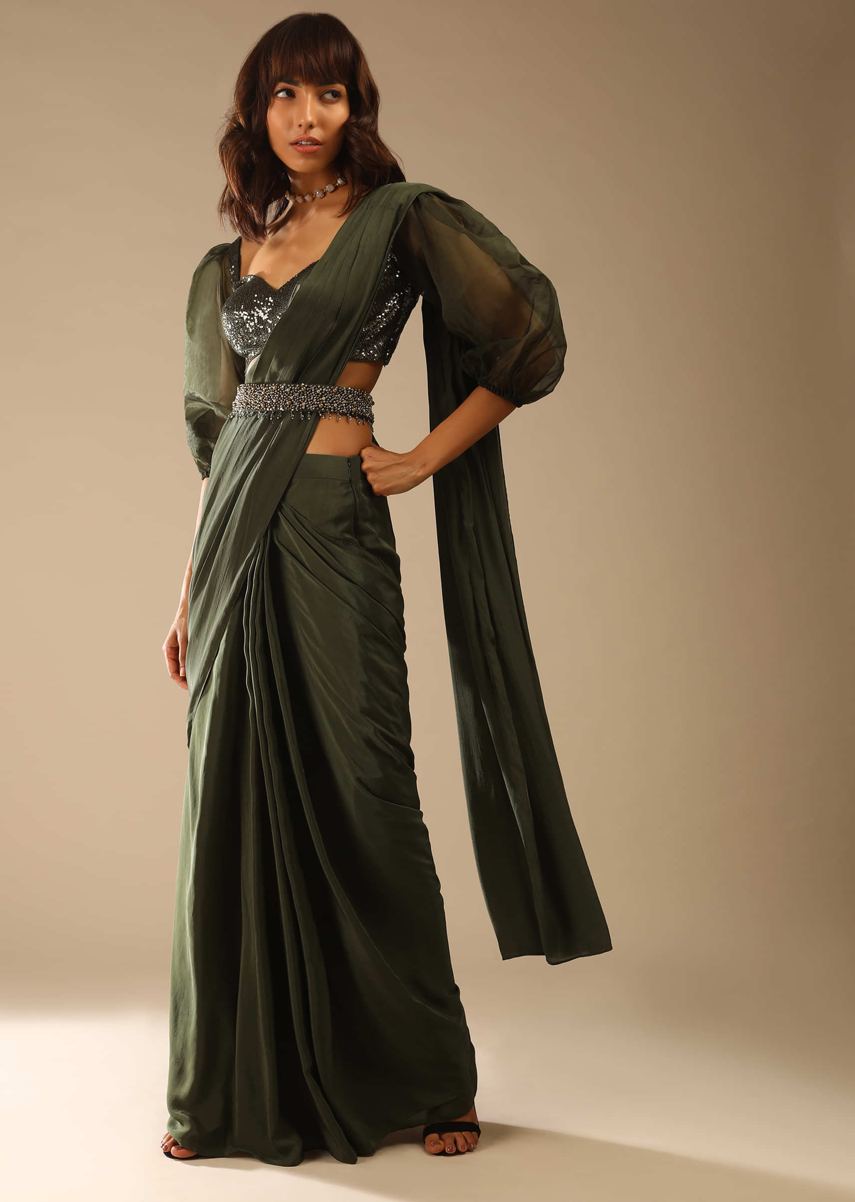 Henna Green Ready Pleated Saree In Crepe With Moti Embroidered Belt And Balloon Sleeves Blouse