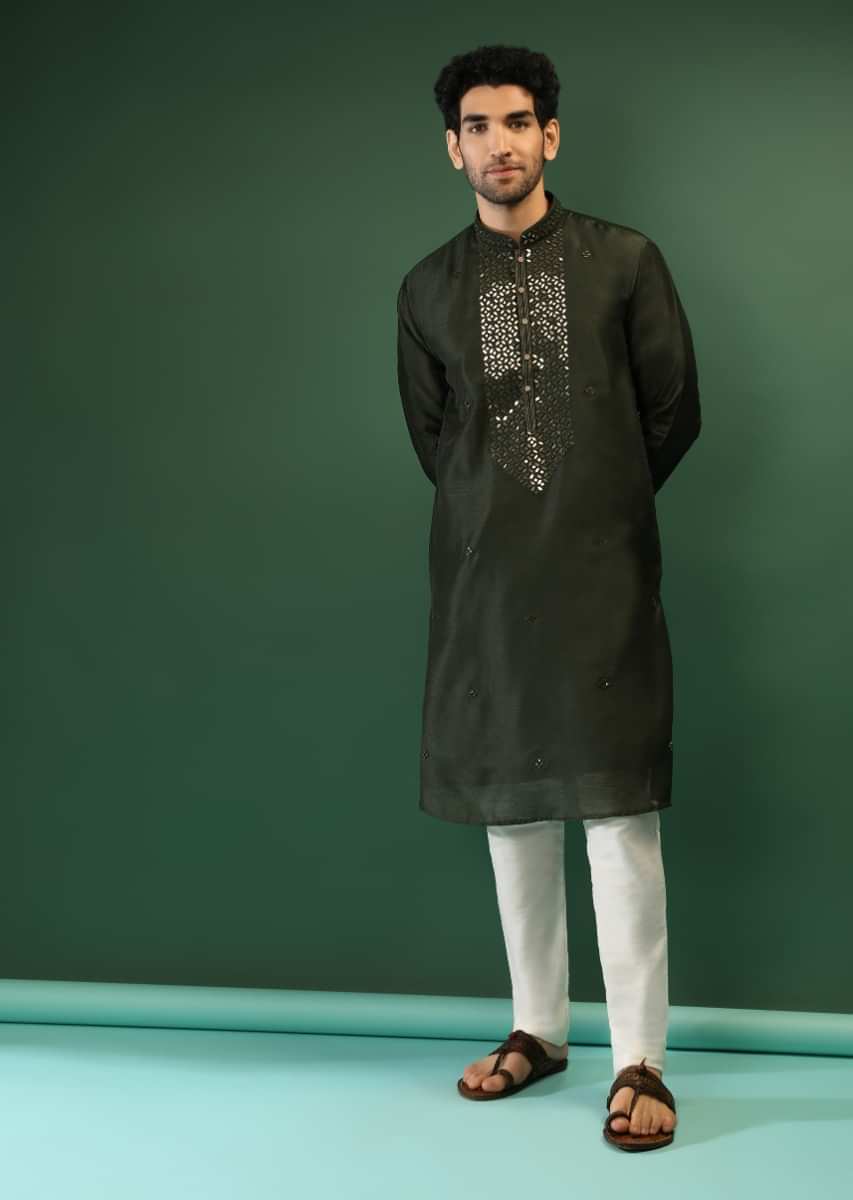 Henna Green Kurta Set In Raw Silk With Golden Mirror Embroidered Placket And Geometric Buttis  