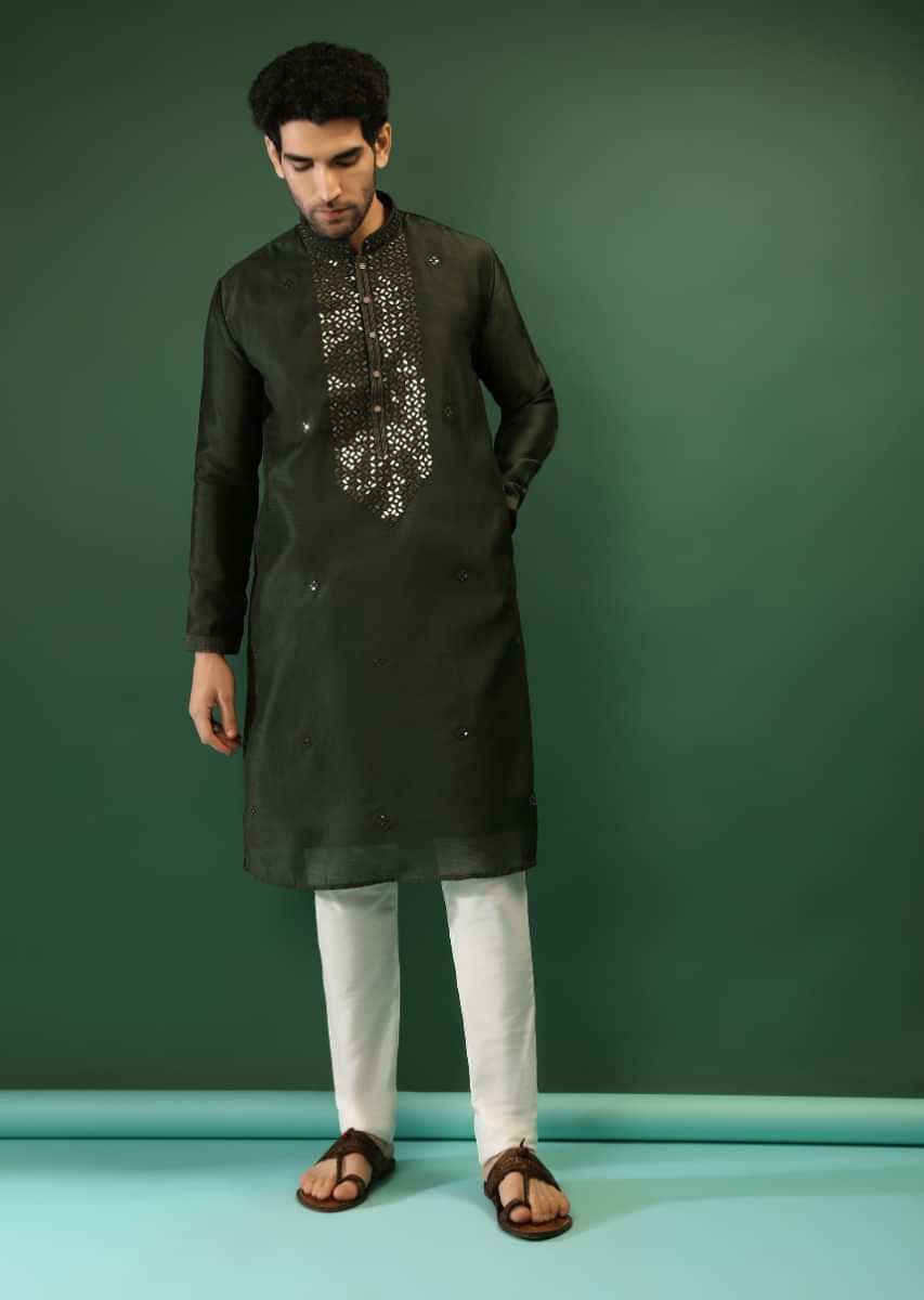 Henna Green Kurta Set In Raw Silk With Golden Mirror Embroidered Placket And Geometric Buttis  
