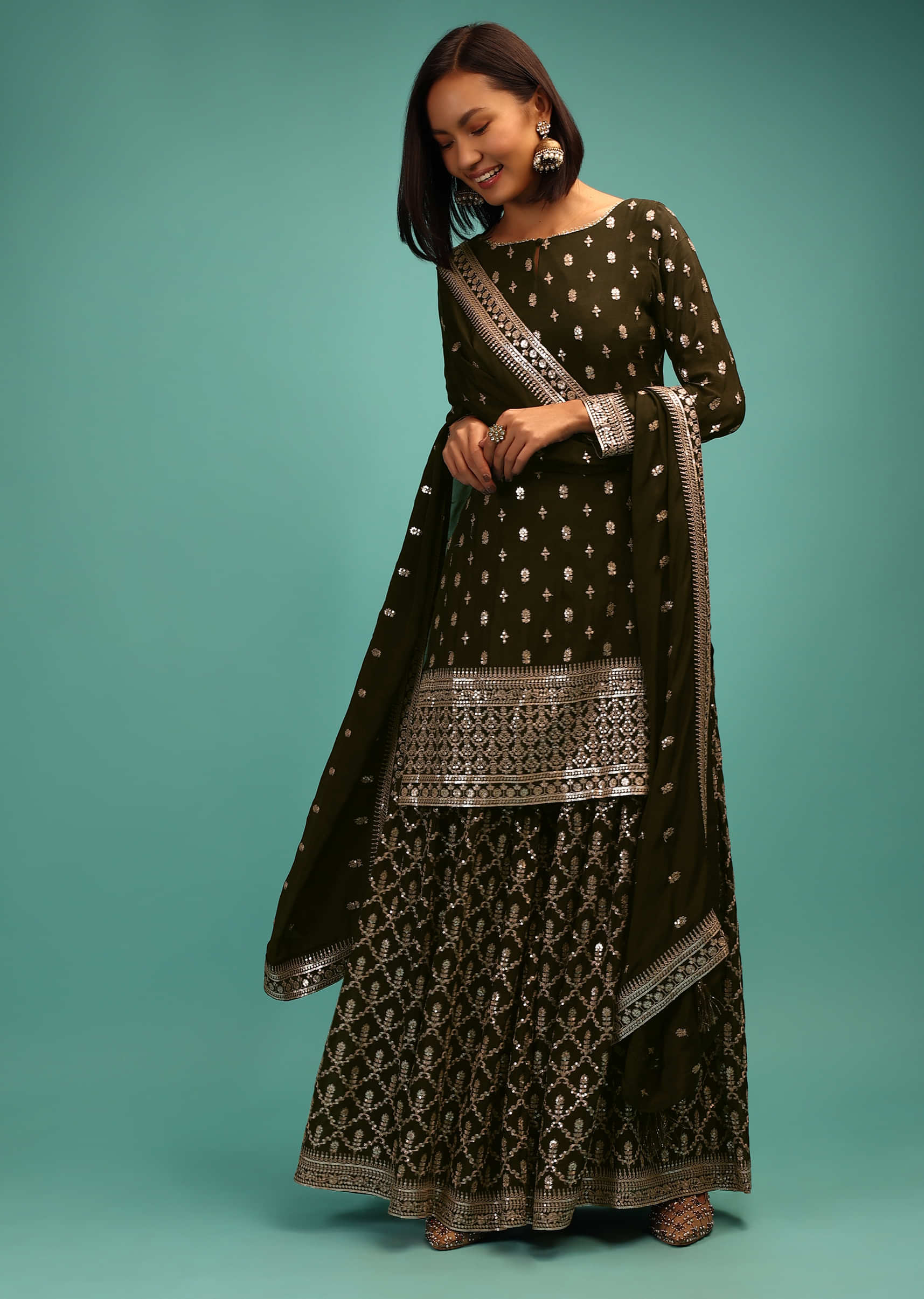Henna Green Sharara Suit In Sequins With Embroidered Butti