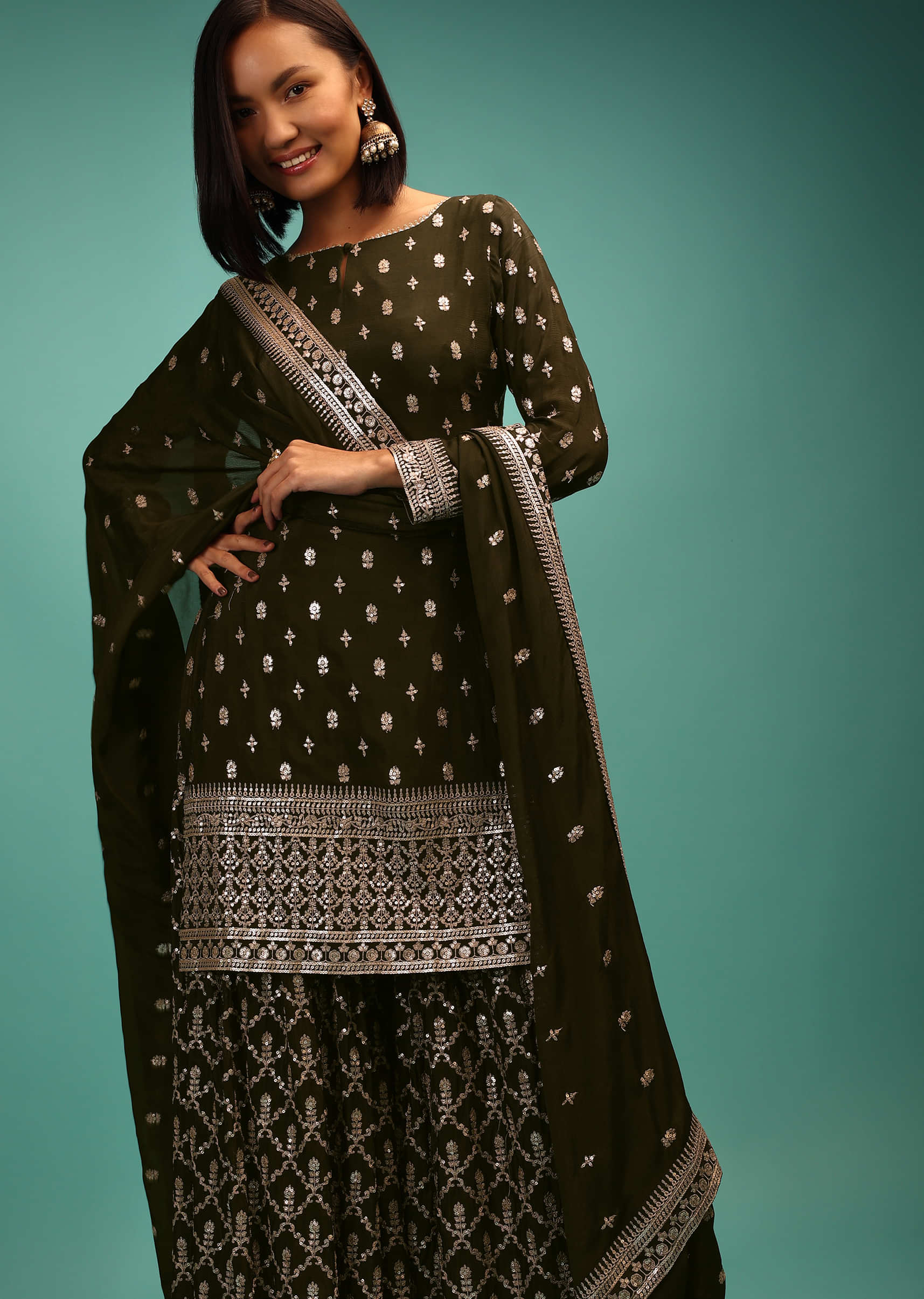 Henna Green Sharara Suit In Sequins With Embroidered Butti