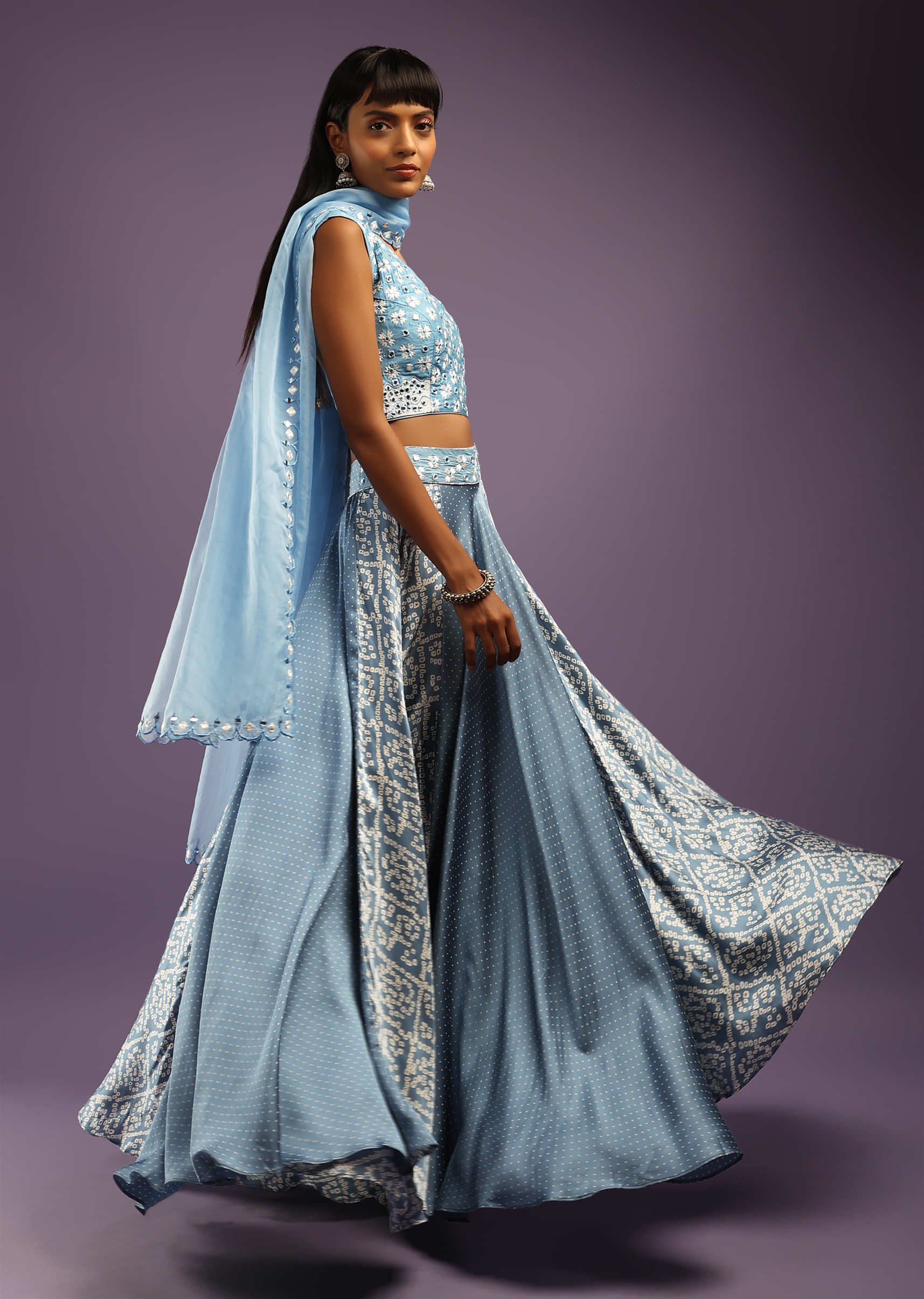 Heritage Blue Skirt In Satin Blend With Bandhani Print And Abla Embroidered Crop Top 