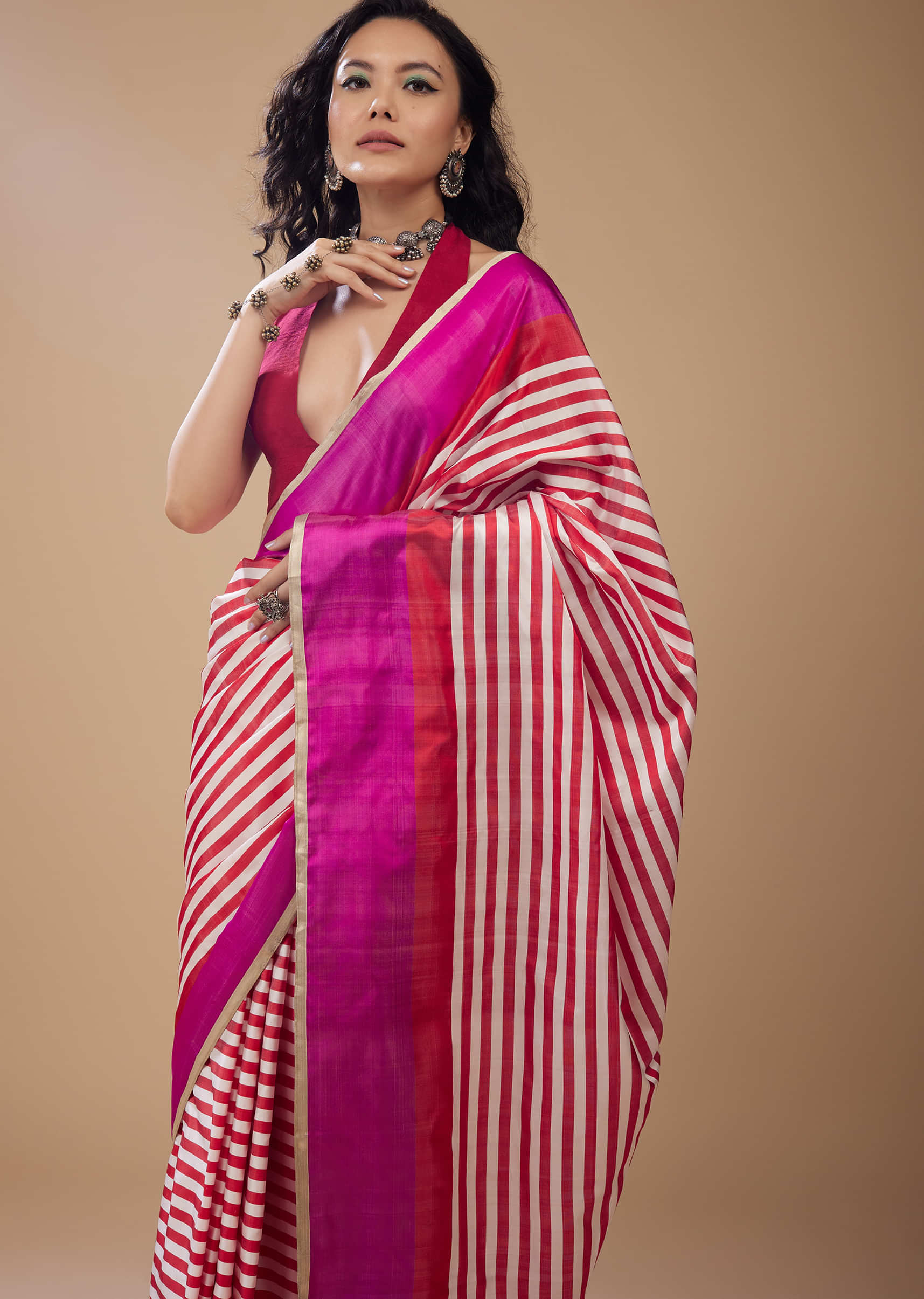 Fiery Red Printed Satin Saree With Dual Tone Stripes