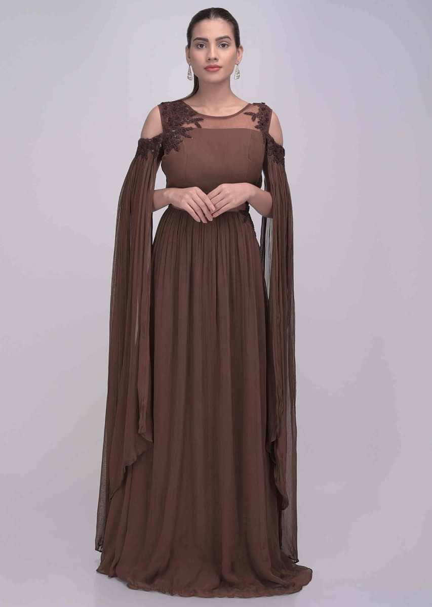 Hickory brown georgette gown with long cape sleeves only on Kalki