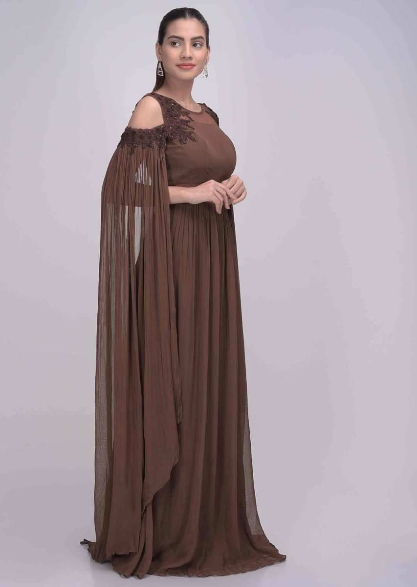 Hickory brown georgette gown with long cape sleeves only on Kalki