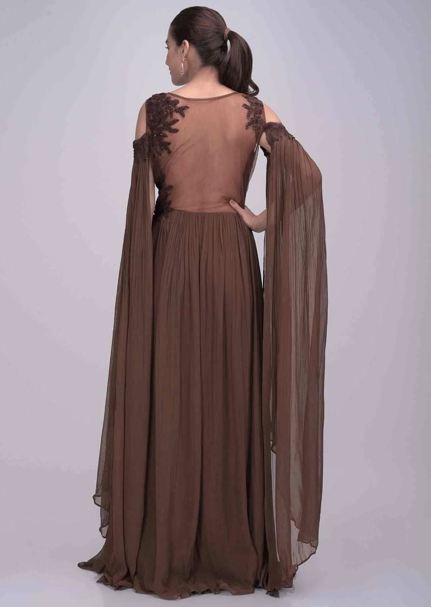 Hickory brown georgette gown with long cape sleeves only on Kalki