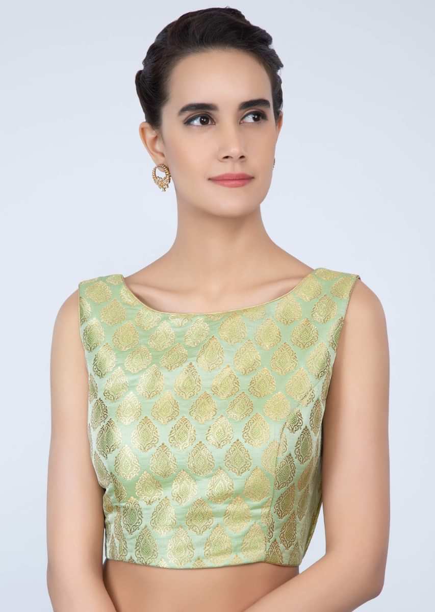 High neck apple green brocade blouse only on Kalki