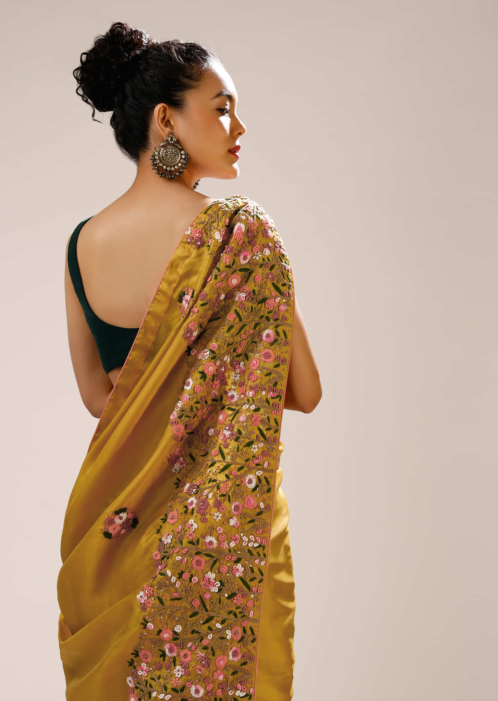 Honey Gold Saree In Dupion Silk With Multi Colored Bud Embroidered Floral Buttis And Heavy Pallu Design  