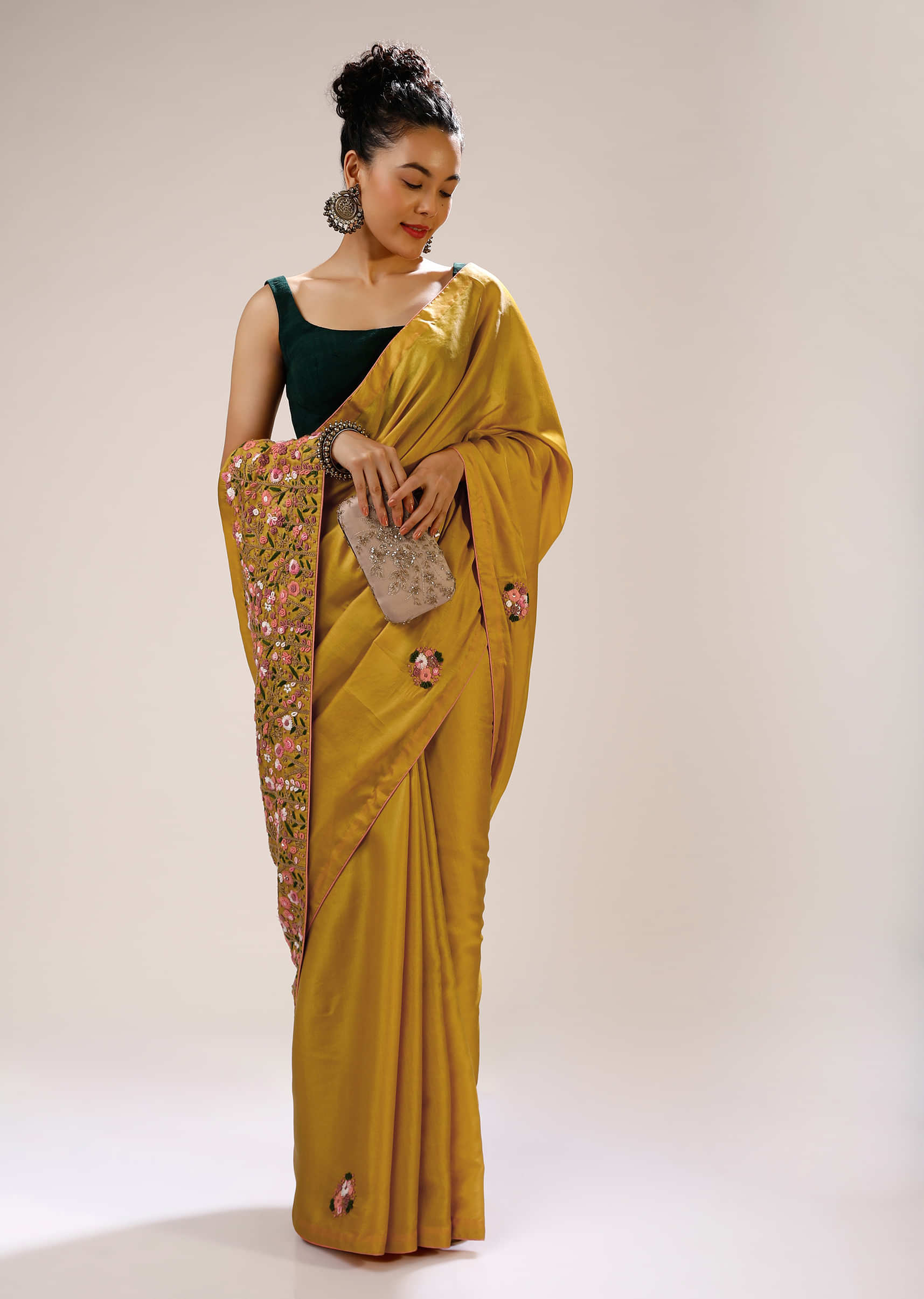 Honey Gold Saree In Dupion Silk With Multi Colored Bud Embroidered Floral Buttis And Heavy Pallu Design  