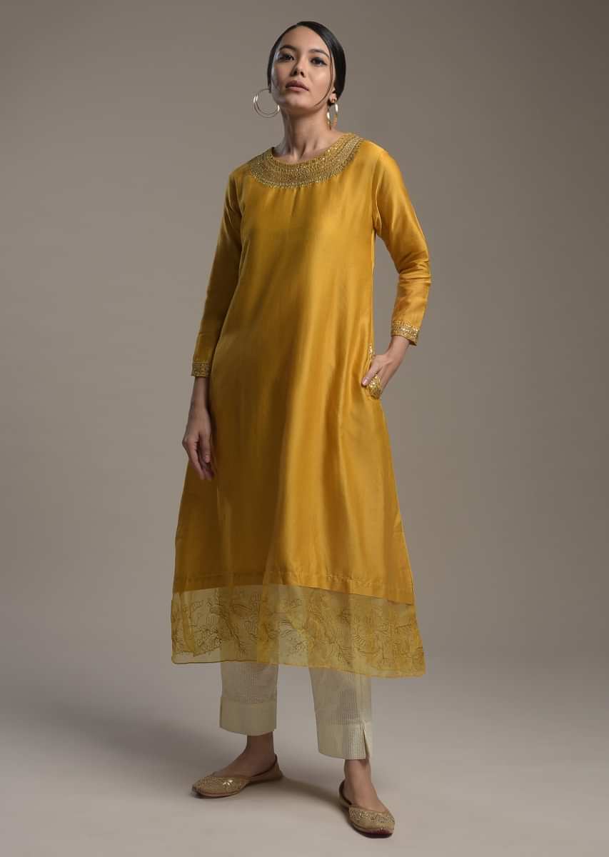 Buy Sun Yellow Kurti In Cotton With Gotta Work And Weaved Buttis Online  Kalki  Fashion
