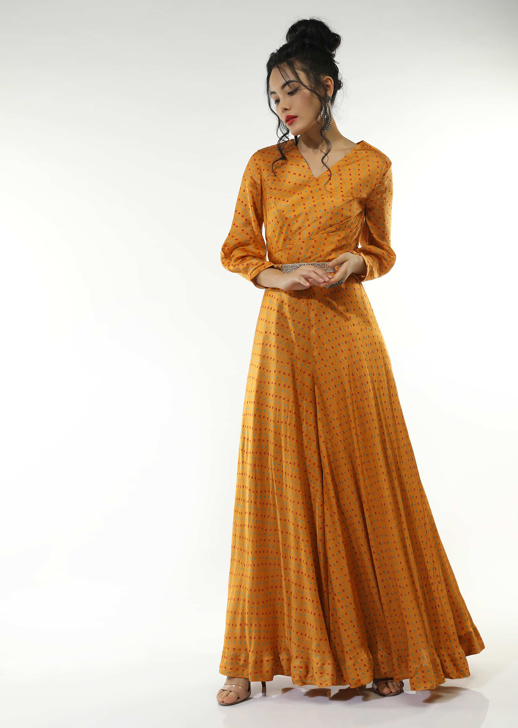 Honey Yellow Jumpsuit In Satin Blend With Bandhani Print All Over And An Overlapping Pleated Bodice With A Mirror Belt  