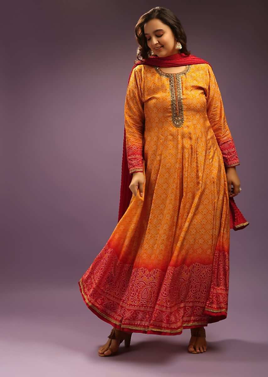 Honey Orange And Red Ombre Anarkali Suit In Cotton Silk With Bandhani Design And Gotta Patti Embroidered Placket  