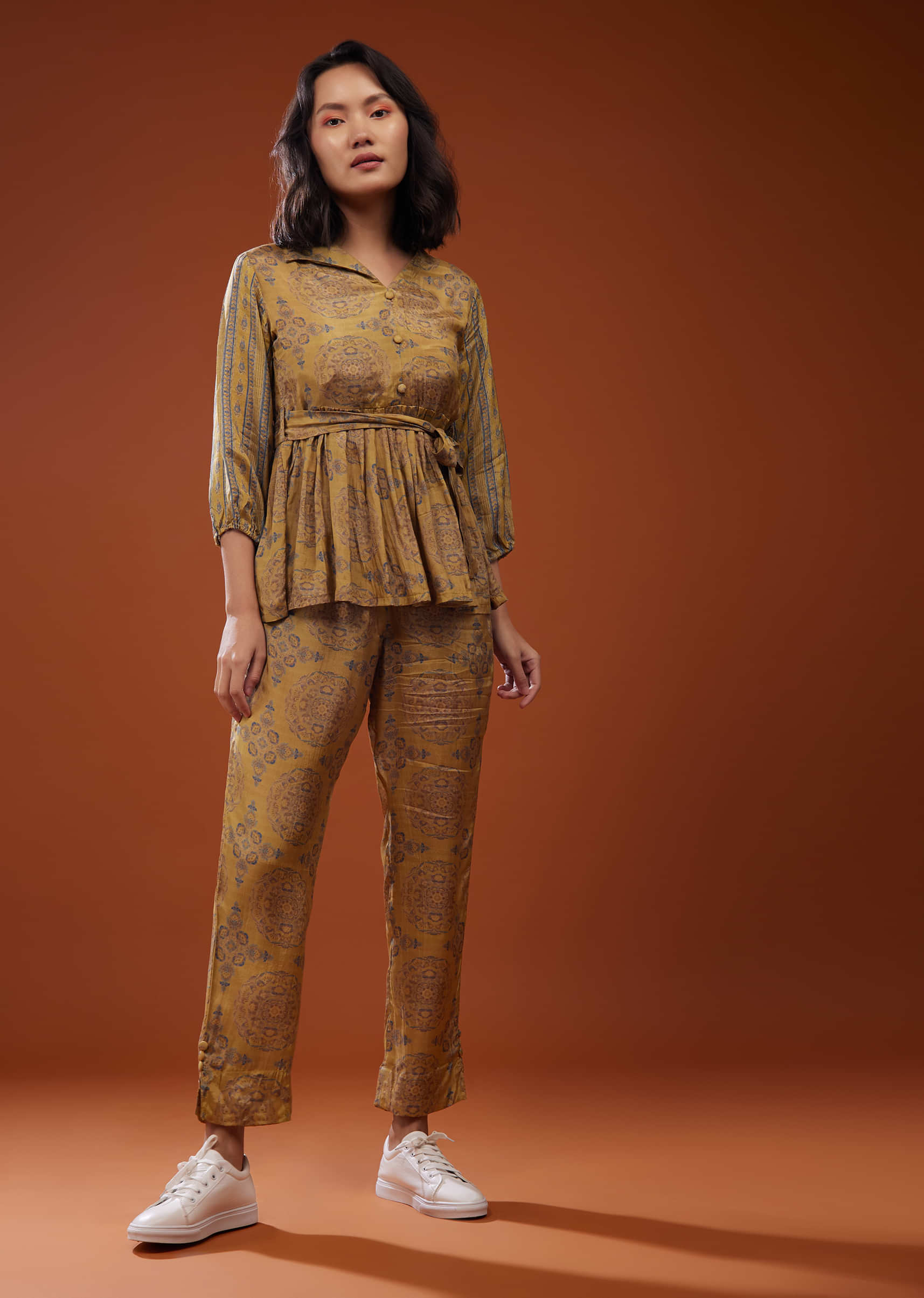 Honey Yellow Printed Co-ord Set In Muslin