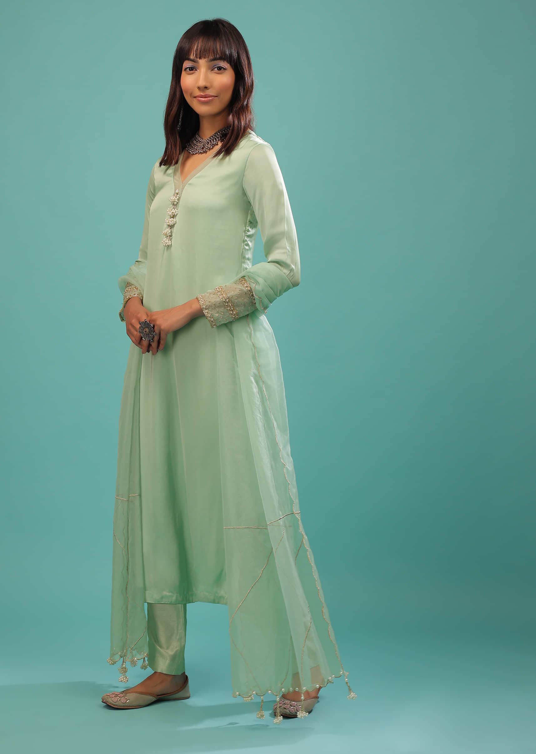 Honeydew Green Bemberg Satin A Line Suit With Moti Tassels And Organza Dupatta