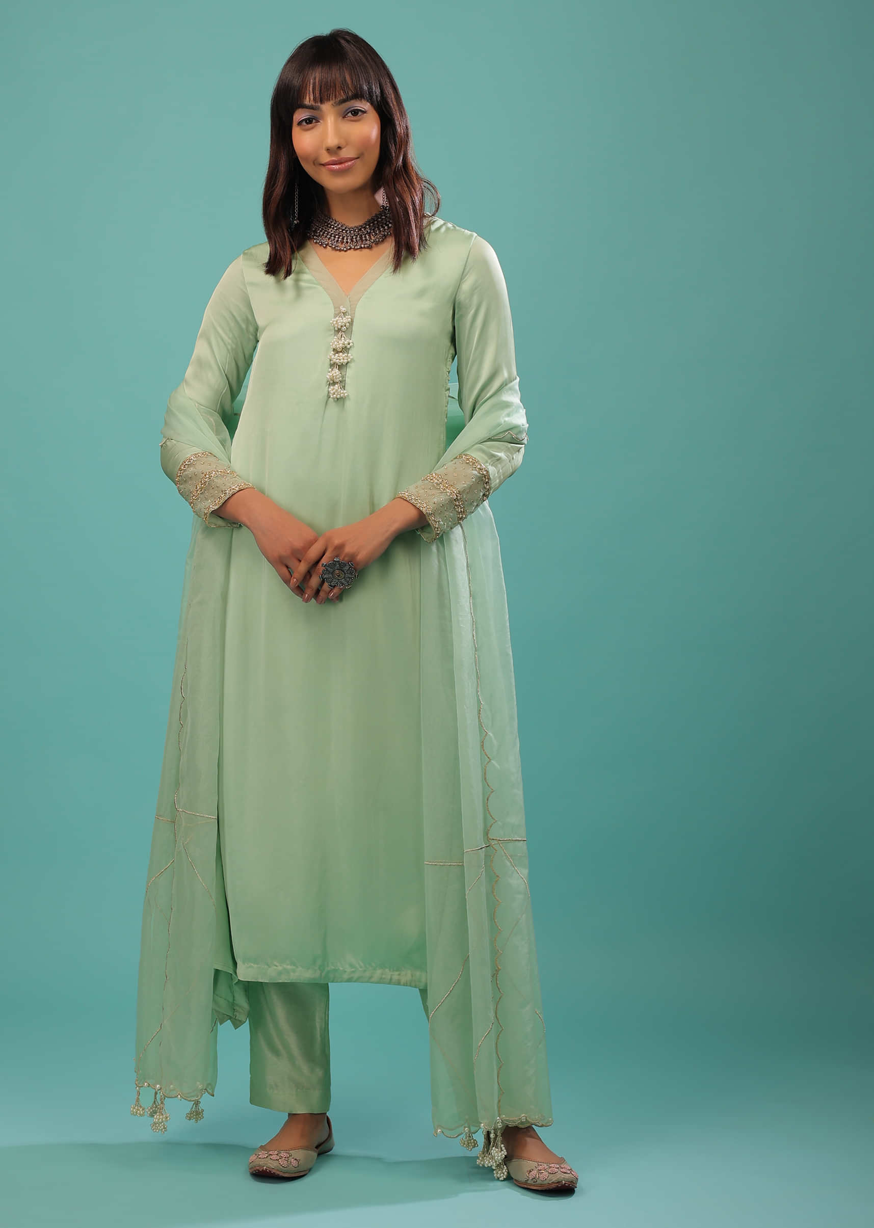 Mint Green Bemberg Satin A Line Suit With Moti Tassels And Organza Dupatta