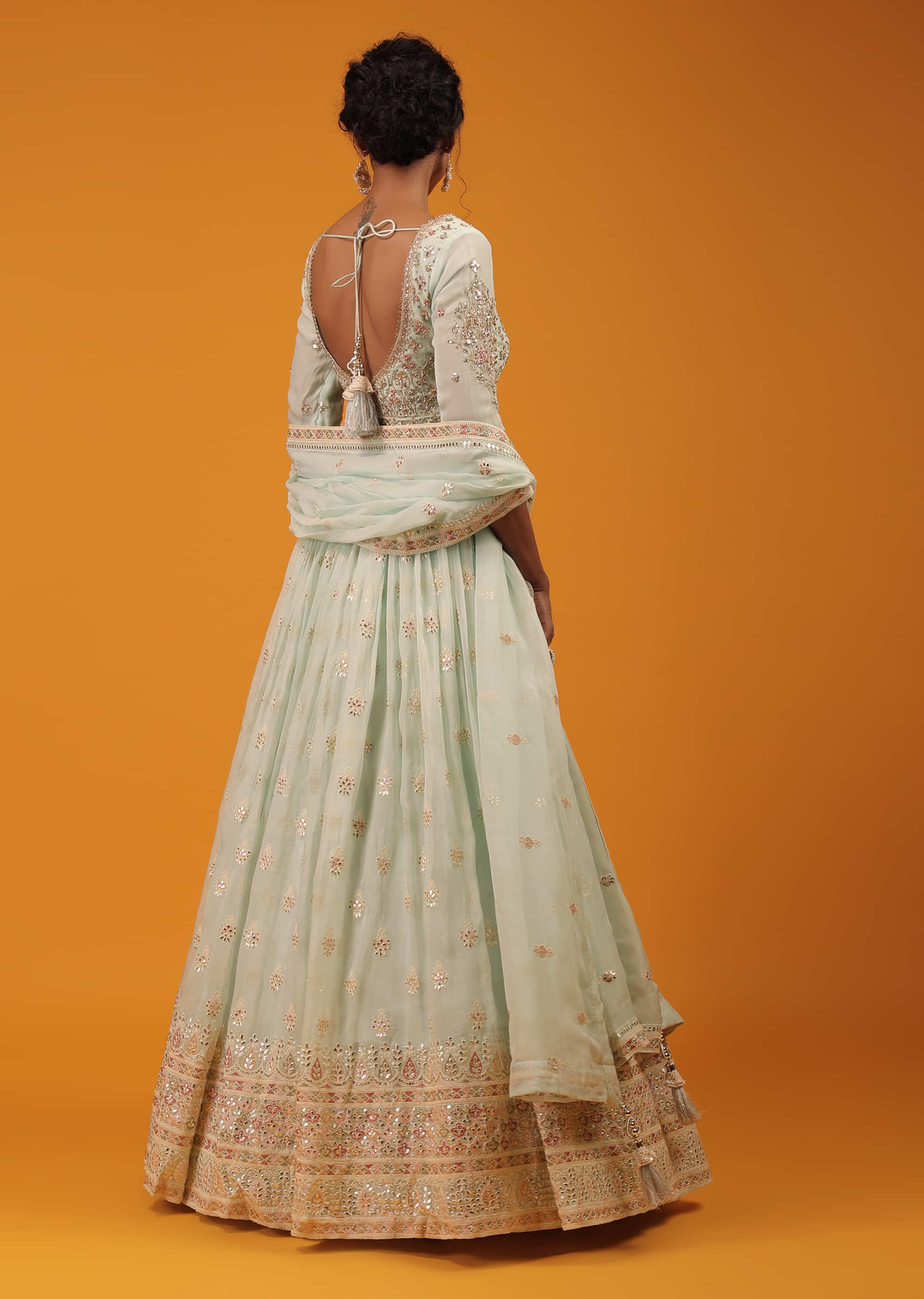 Honeydew Green Lehenga And Crop Top With Multi Colored Lucknowi Work In Floral Pattern