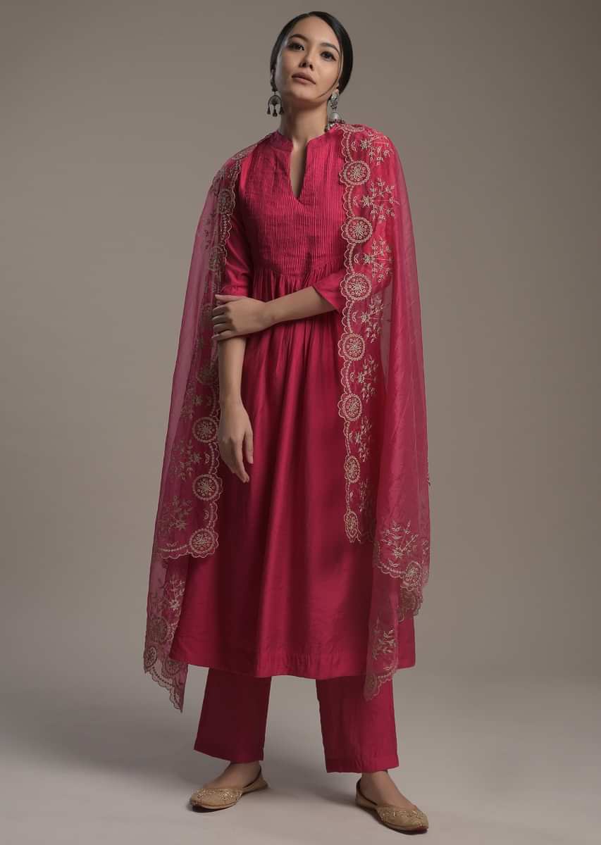 Hot Pink A Line Suit In Cotton With Pin Tucks Detailing And Teamed With A Zari Embroidered Organza Dupatta  