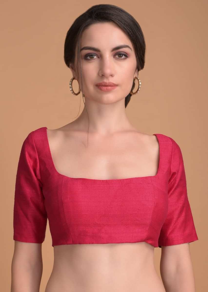 Hot Pink Blouse In Raw Silk With Wide U Neckline And Half Sleeves