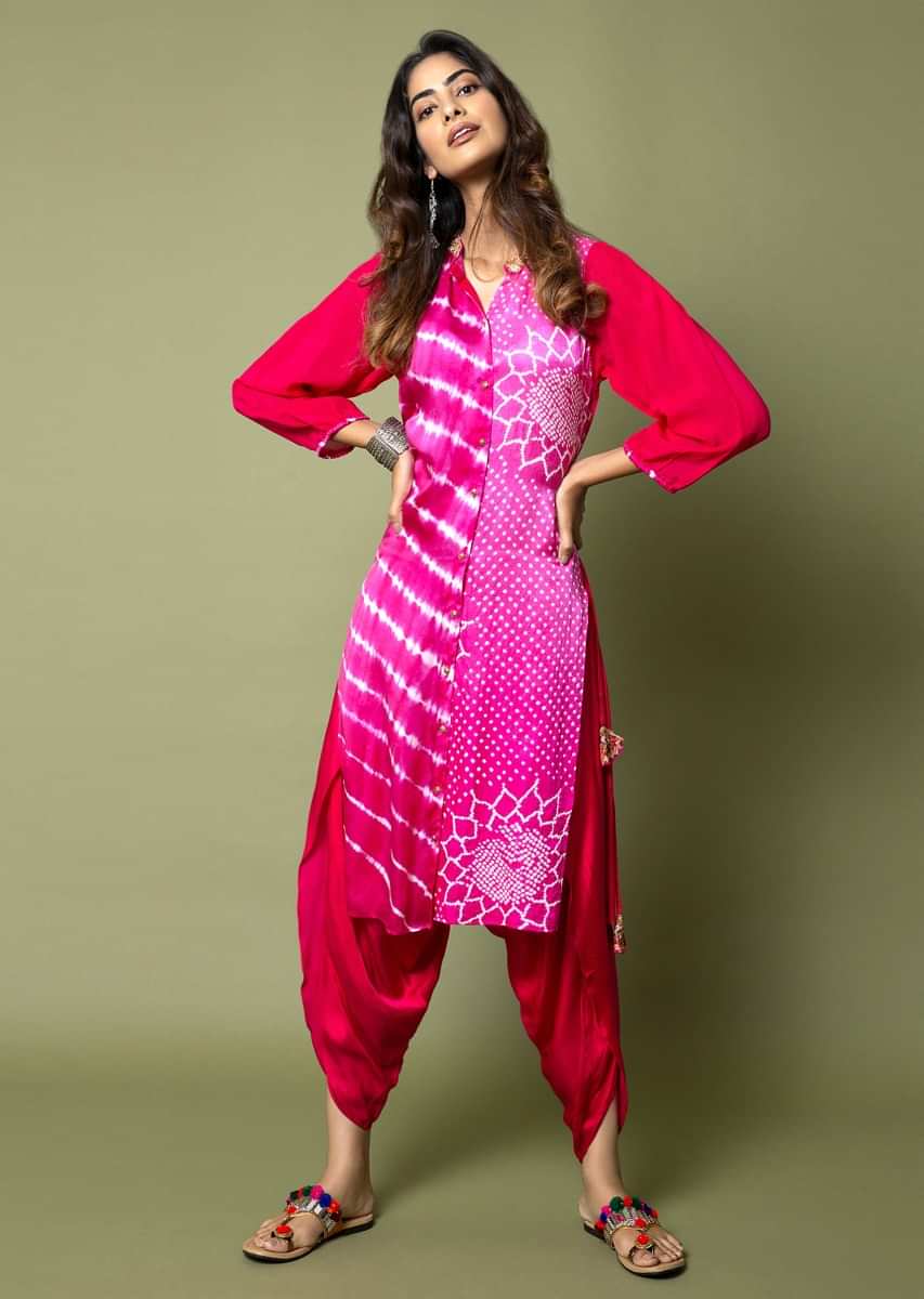 Hot Pink Button Down Tunic And Dhoti Pants Featuring Lehariya And Bandhani Along With Hand Embroidery  