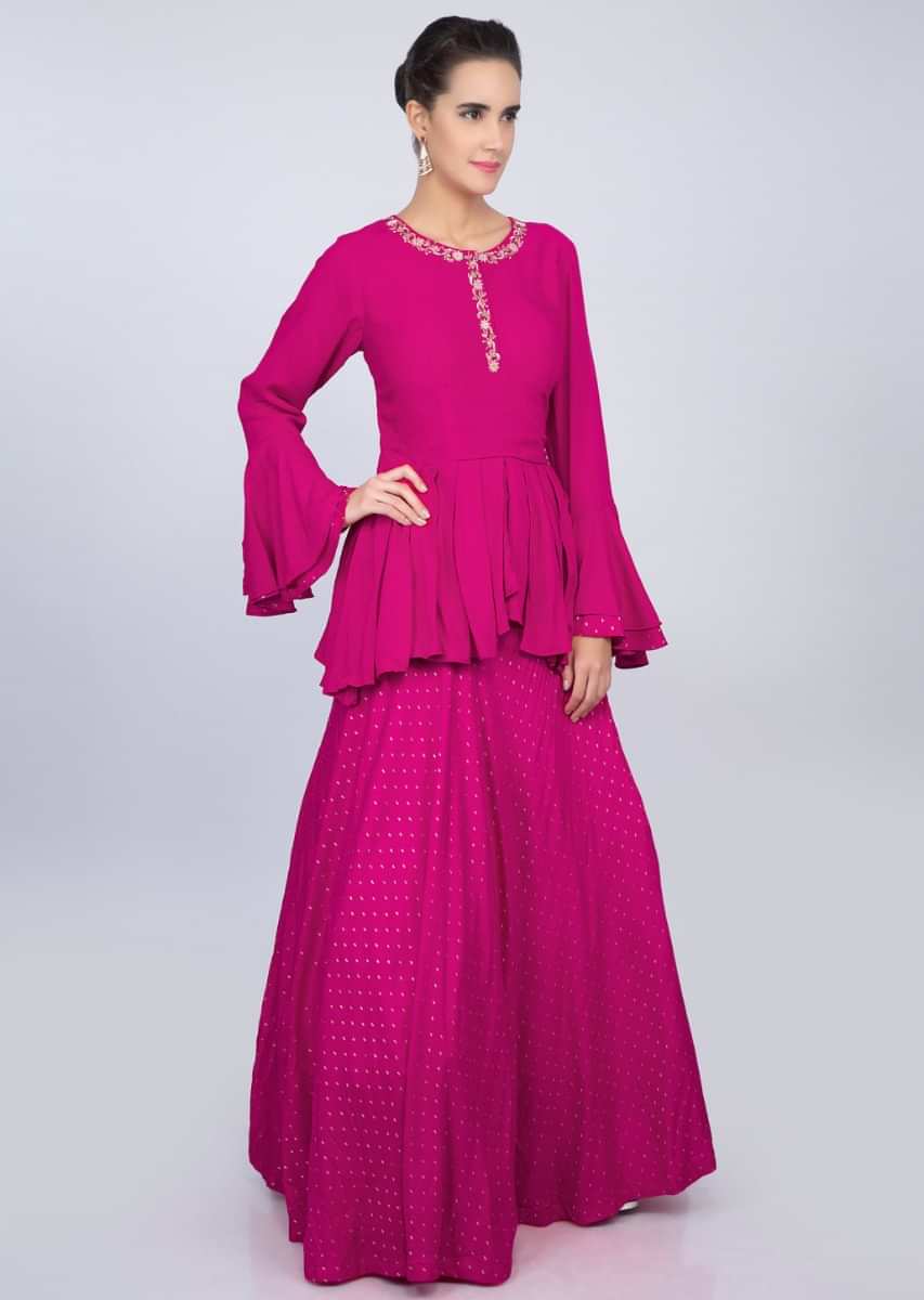 Hot Pink Lehenga In Cotton With Weaved Buttis And Matching Peplum Top 