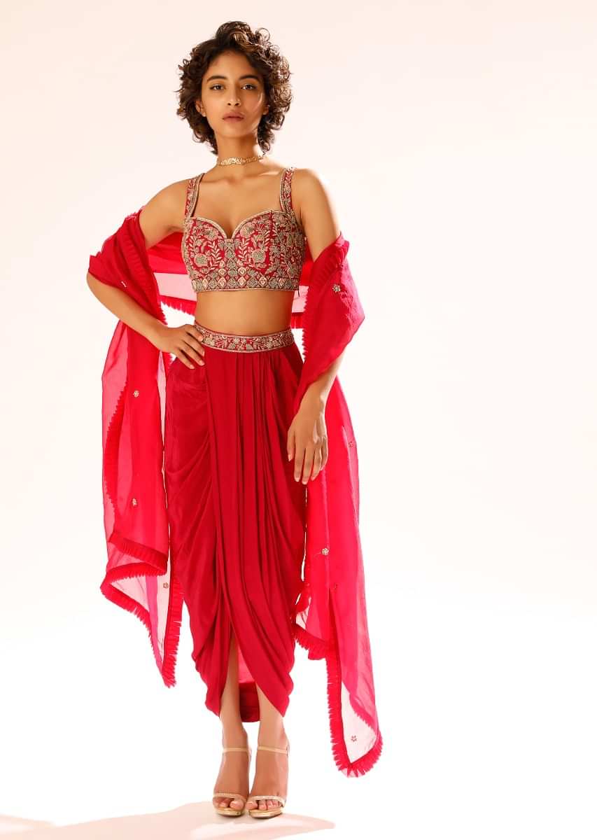 Hot Pink Dhoti Suit In Crepe With Hand Embroidered Crop Top Adorned In Resham And Sequin Work  