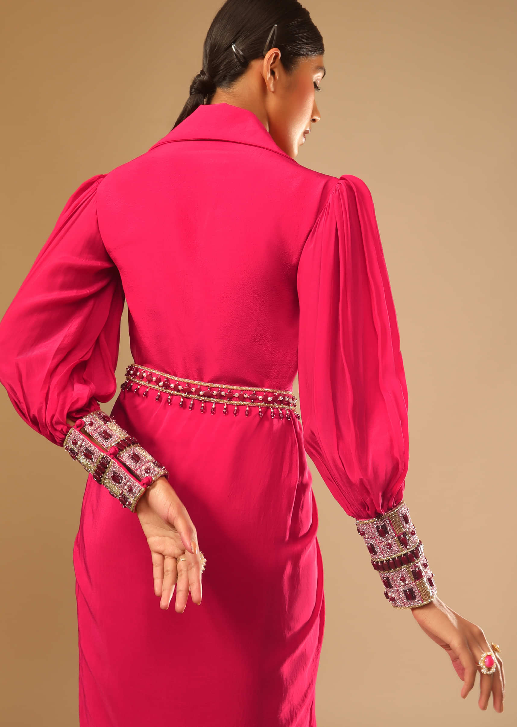 Hot Pink Dress With A Chunky Embroidered Bishop Sleeves And Collar Neckline  