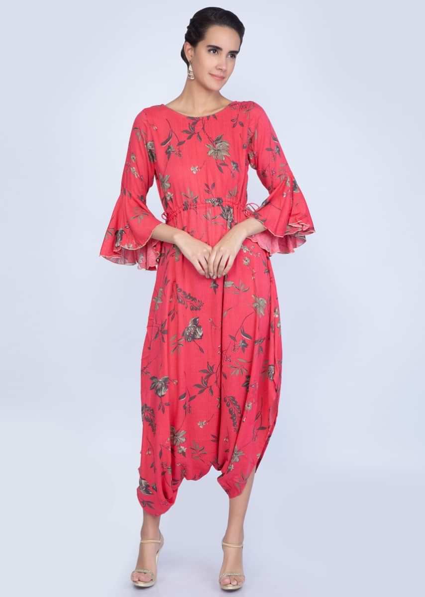 Hot pink floral printed jumpsuit with flared sleeves only on Kalki