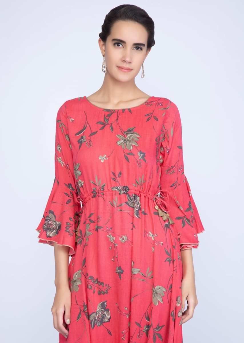 Hot pink floral printed jumpsuit with flared sleeves only on Kalki