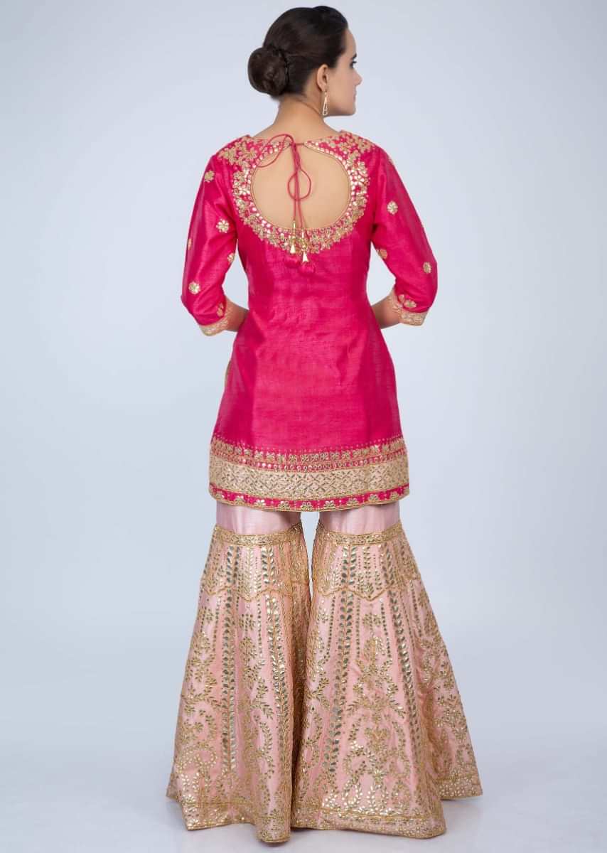 Hot Pink Suit With Gotta Embroidery And Dupatta With Contrasting Powder Pink Sharara Online - Kalki Fashion