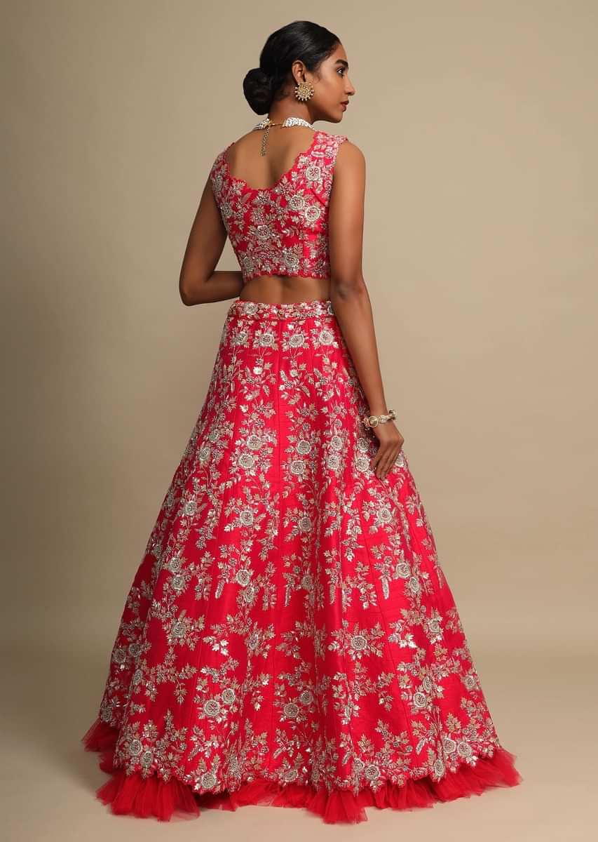 Hot Pink Lehenga Choli In Raw Silk Zardozi Embroidered Floral Jaal And Net Ruching On The Hem 