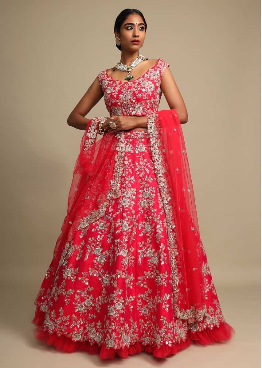 Hot Pink Lehenga Choli In Raw Silk Zardozi Embroidered Floral Jaal And Net Ruching On The Hem 
