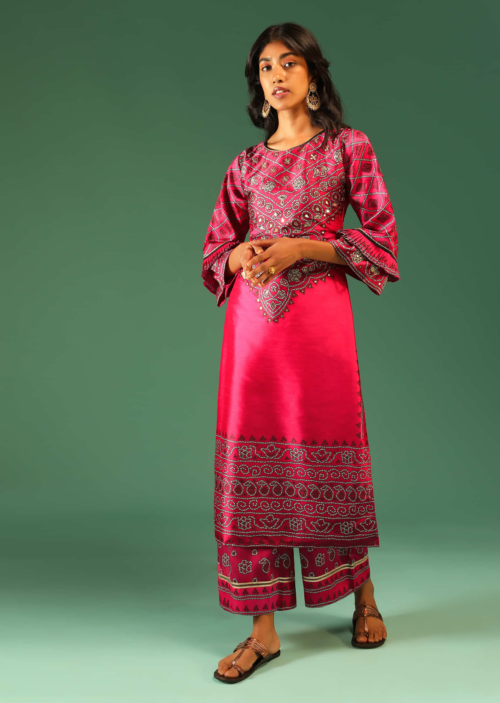 Hot Pink Palazzo Suit In Silk With Digital Printed Bandhani And Foil Work Along With Ruffle Sleeves  
