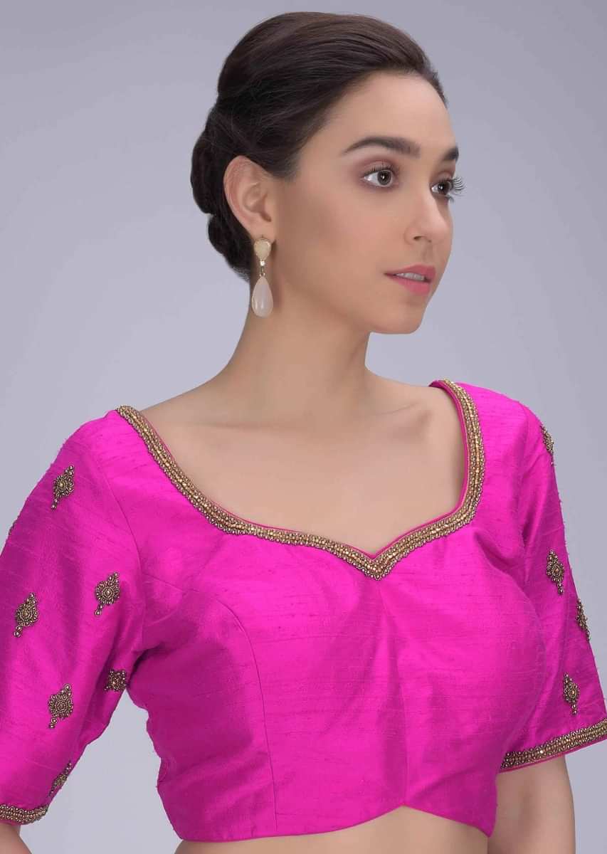 Hot Pink Blouse In Embroidered Raw Silk