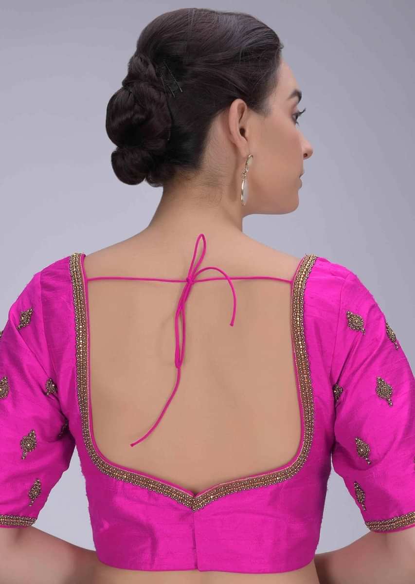 Hot Pink Blouse In Embroidered Raw Silk