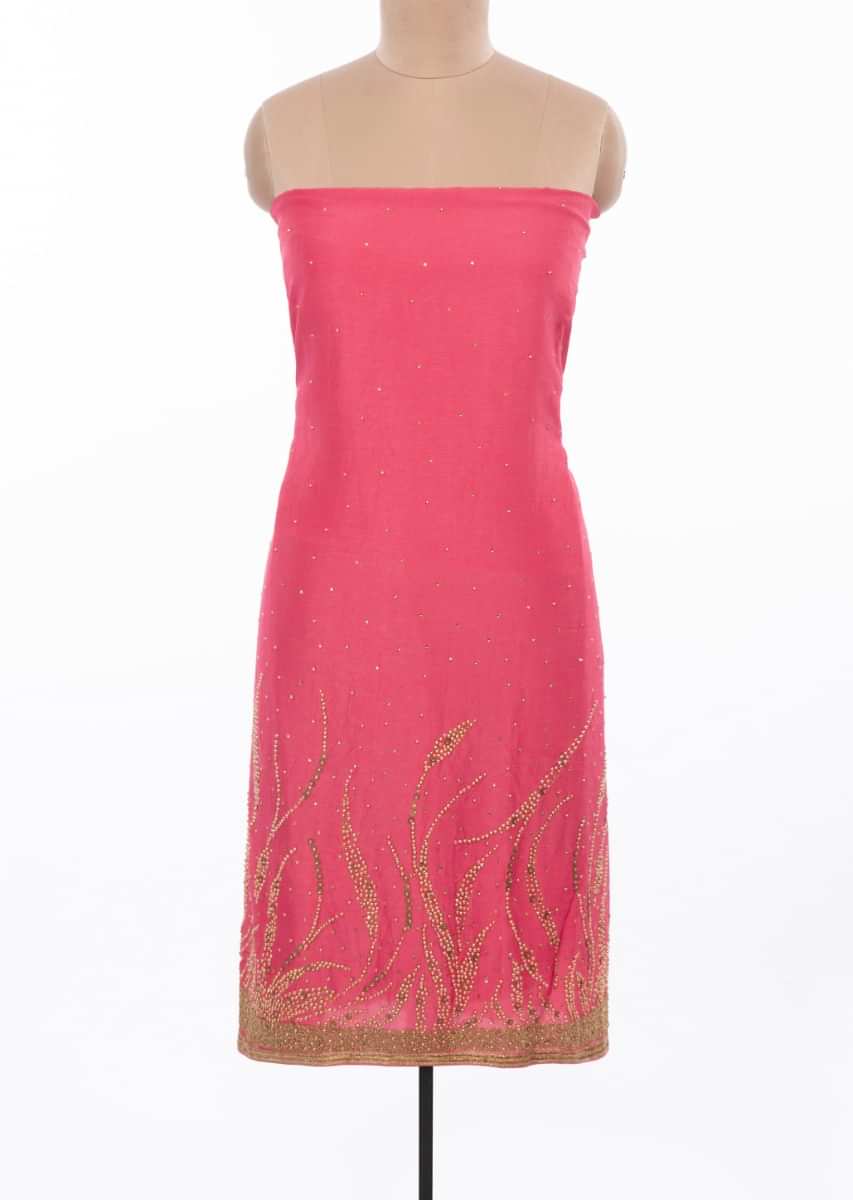 Hot pink unstitched suit with embroidered brocade dupatta only on Kalki