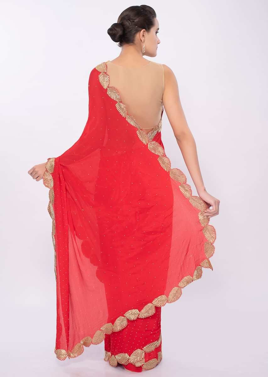 Hot Red Chiffon Saree In Cut Dana Embroidered Scallop Border Online - Kalki Fashion