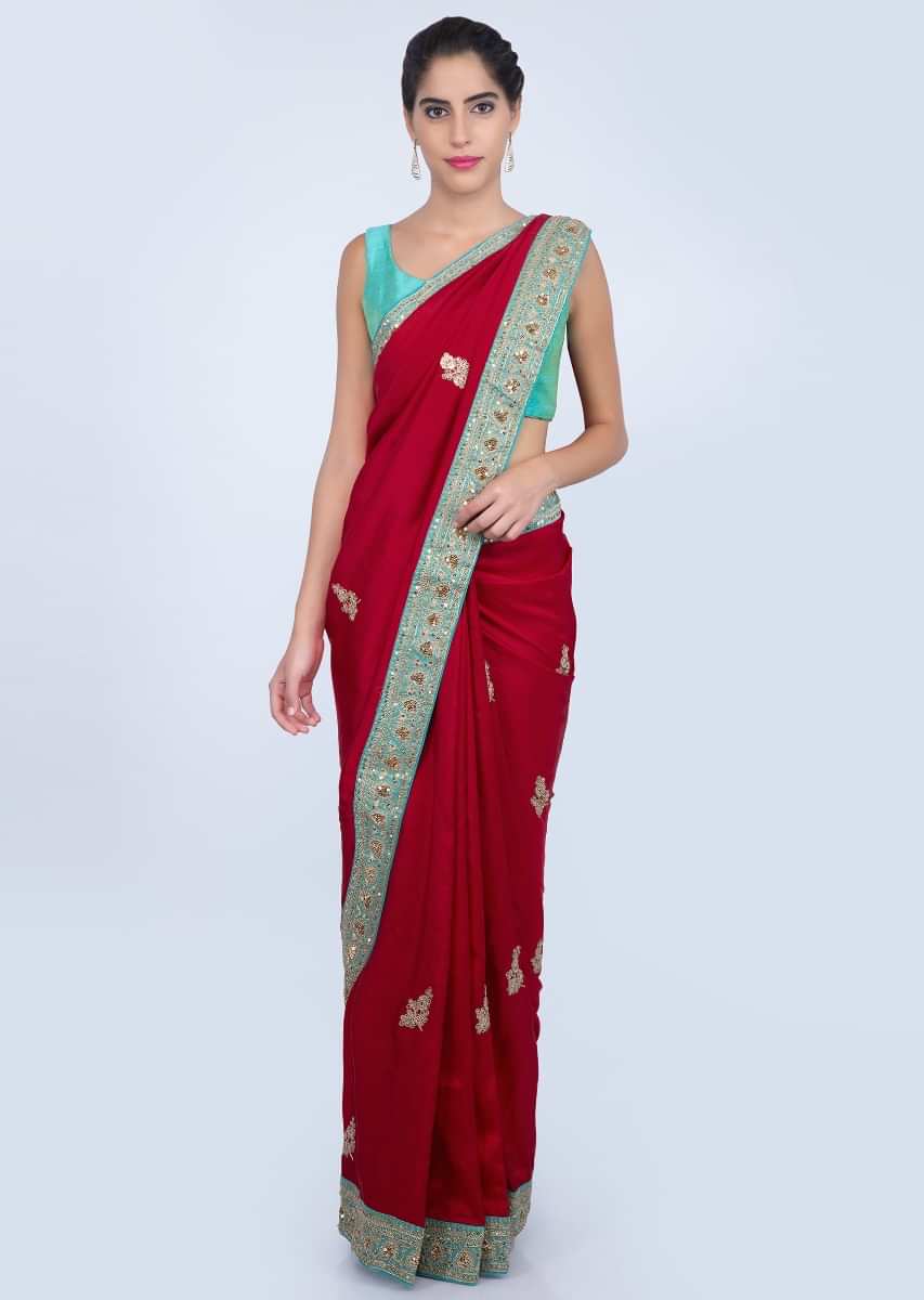 Hot red raw silk saree with cord embroidered butti and border only on kalki