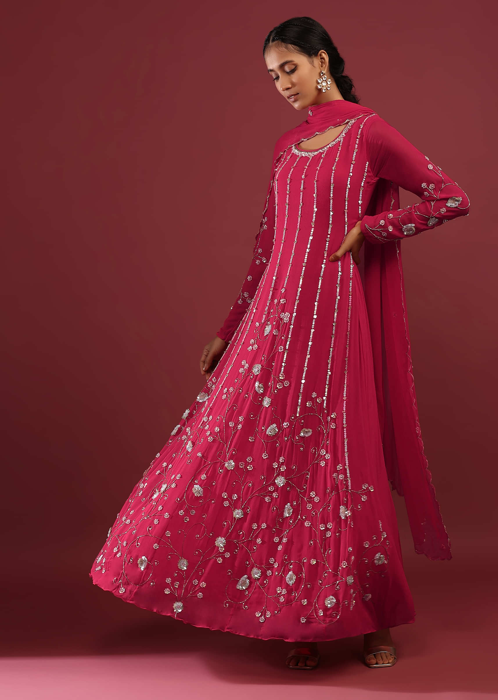 Hot Pink Anarkali Suit In Georgette With Multicolored Sequins Embroidered Stripes And Floral Design