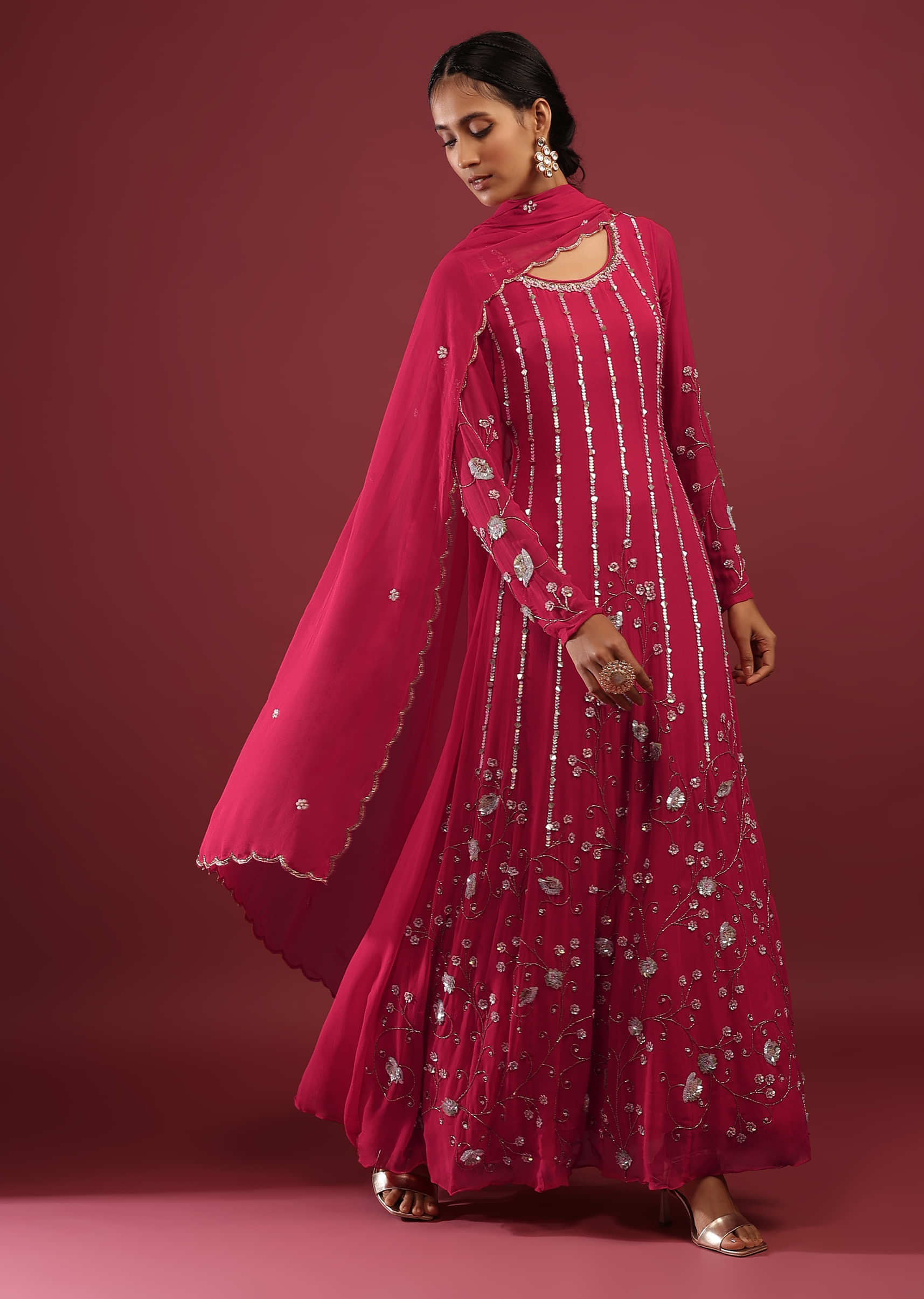 Hot Pink Anarkali Suit In Georgette With Multicolored Sequins Embroidered Stripes And Floral Design